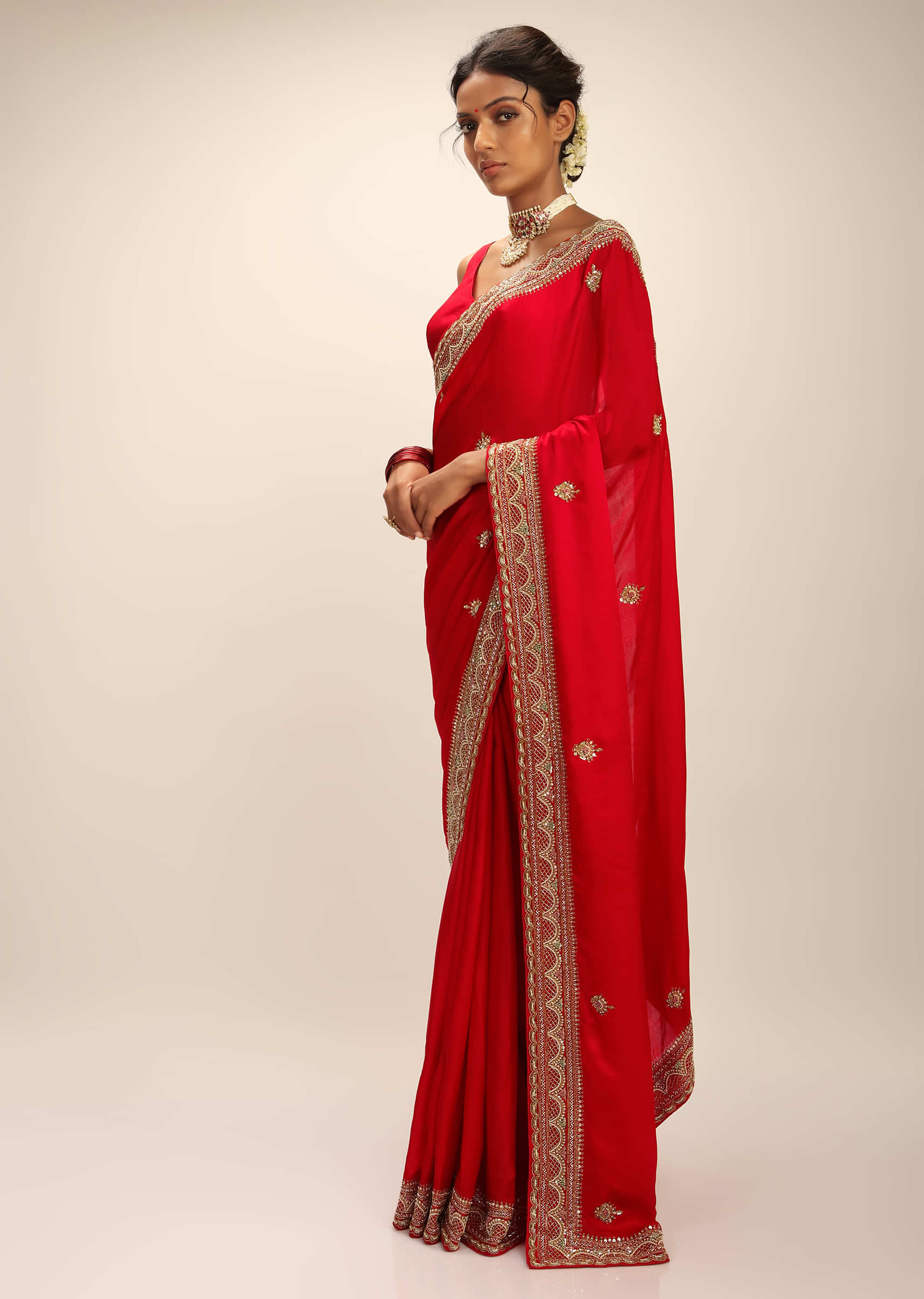 True Red Saree In Satin With Hand Embroidered Scallop Motifs On The Border And Butti Design 