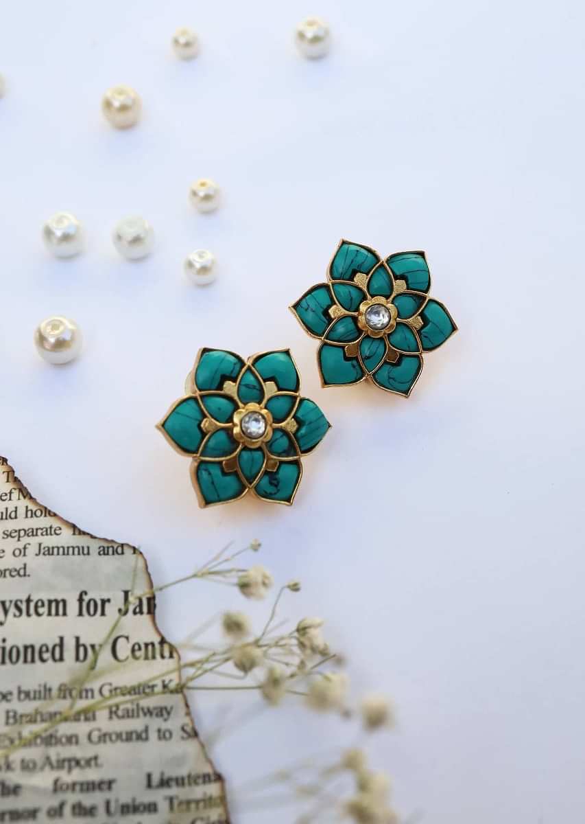 Turquoise Studs In Floral Motif With Turquoise Stones And Kundan At The Centre By Paisley Pop