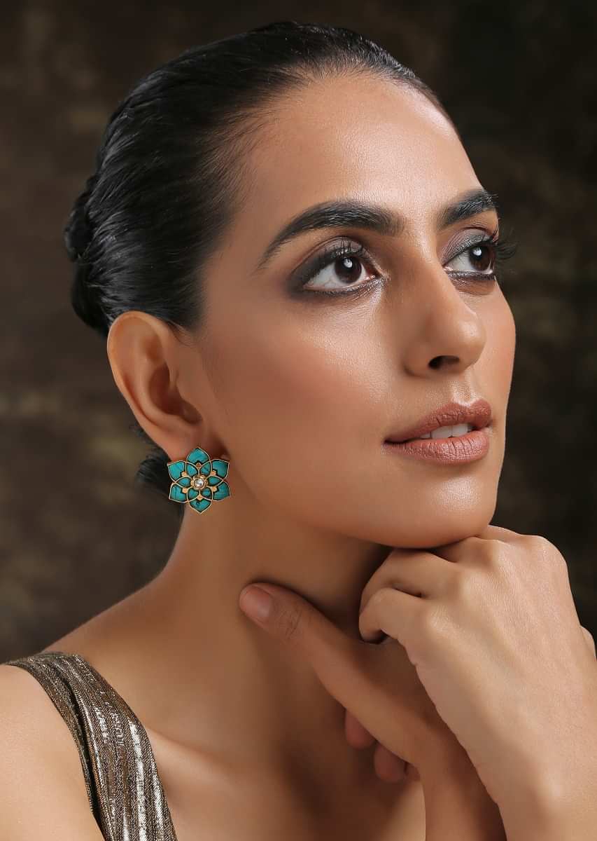 Turquoise Studs In Floral Motif With Turquoise Stones And Kundan At The Centre By Paisley Pop