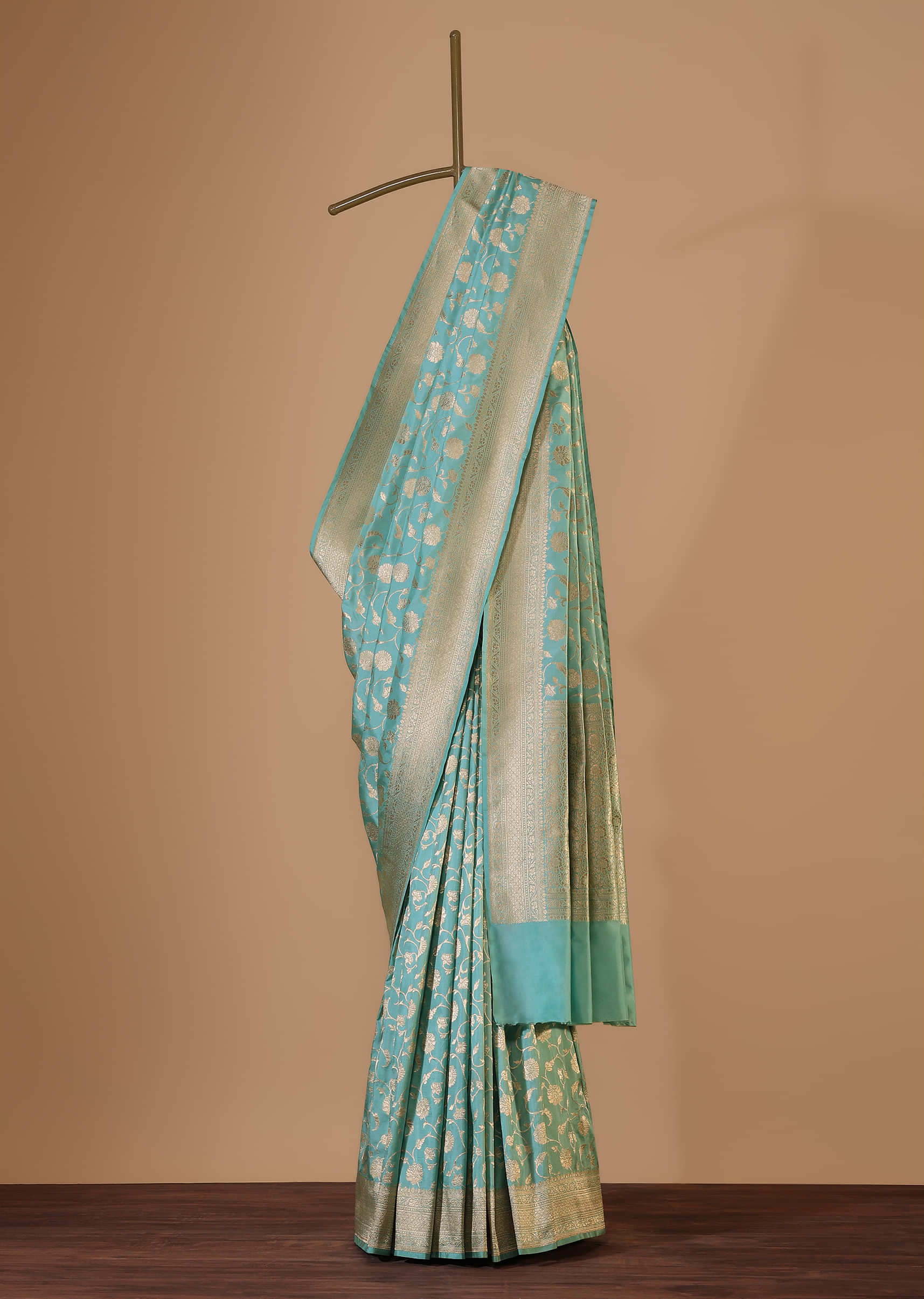Mint Blue Banarasi Saree In Uppada Silk With Woven Floral Jaal And Unstitched Blouse
