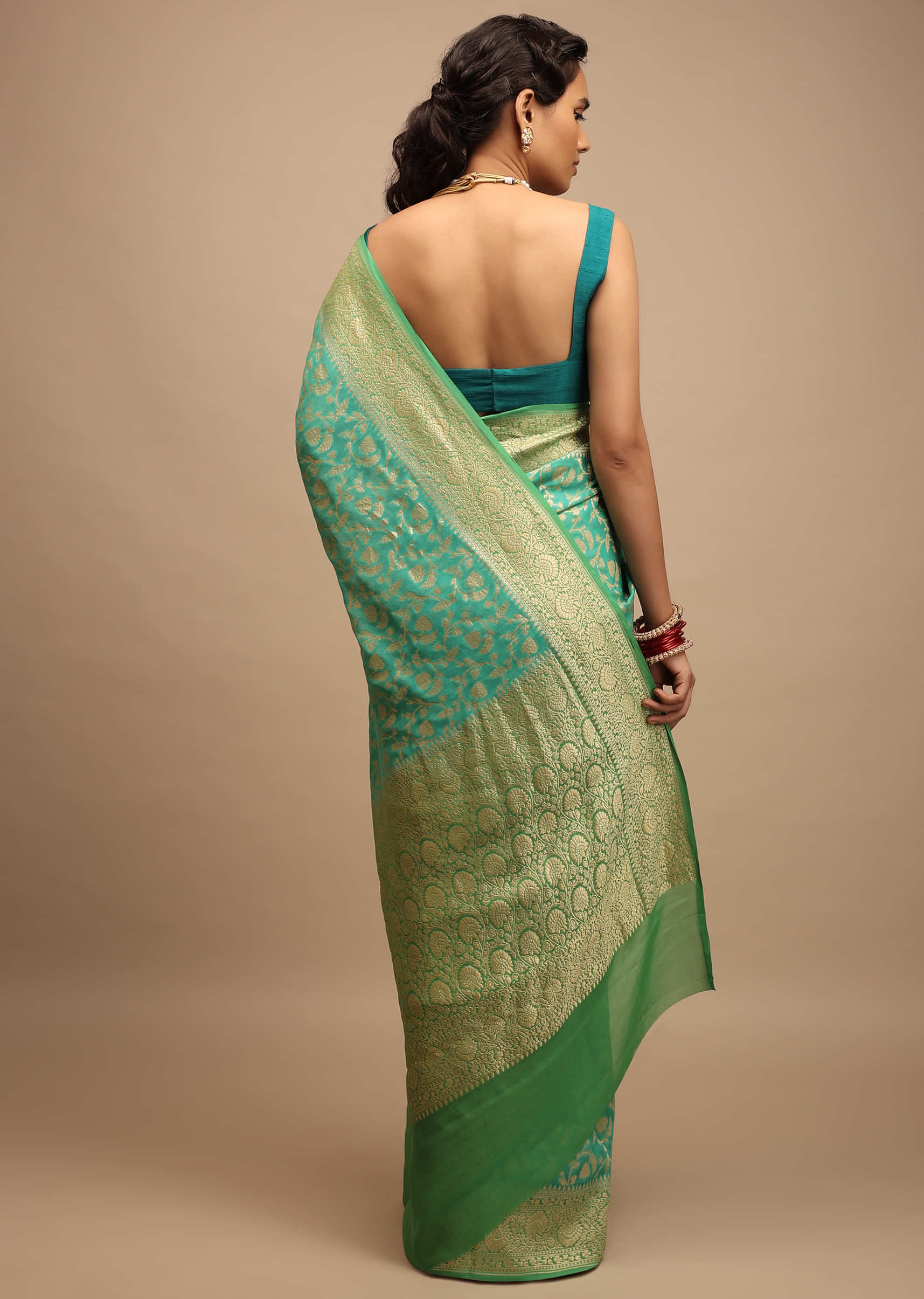 Turquoise Green Saree In Georgette With Woven Floral Jaal