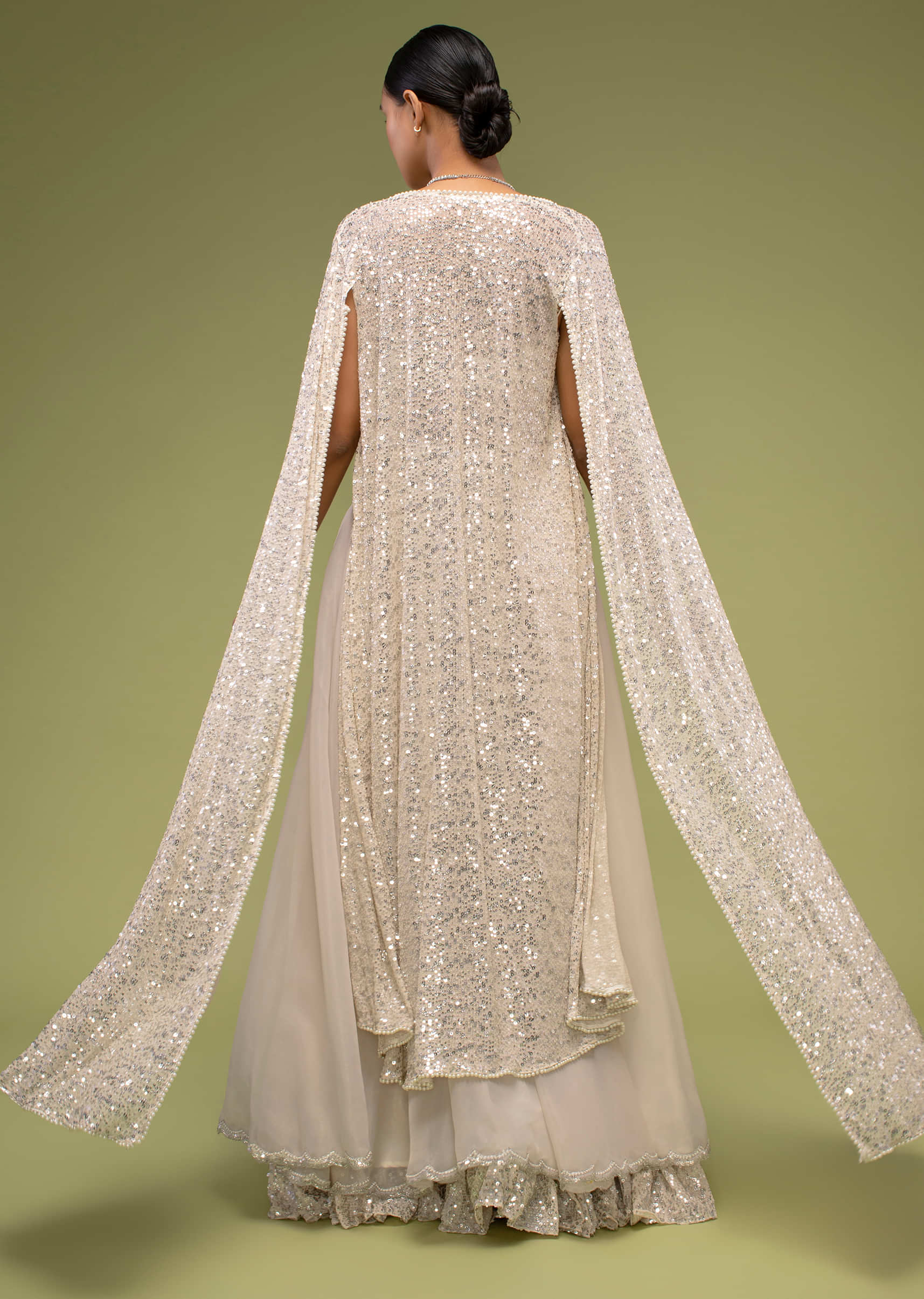 Turtledove White Sharara Suit In Sequins Embroidery, Paired With A Long Embroidery Cape