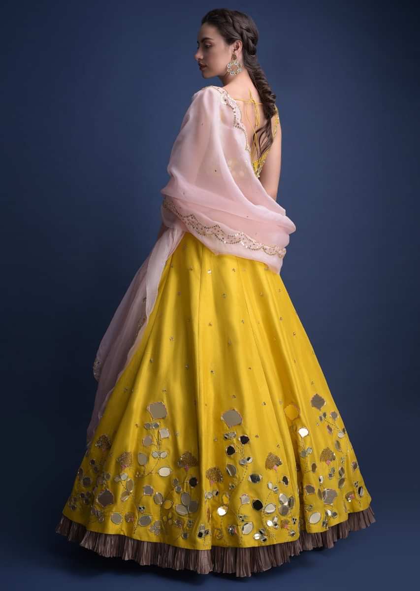 Sunset Yellow Lehenga Choli With Floral And Leaf Cut Mirror Work  