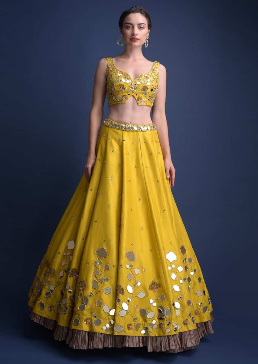 Sunset Yellow Lehenga Choli With Floral And Leaf Cut Mirror Work  