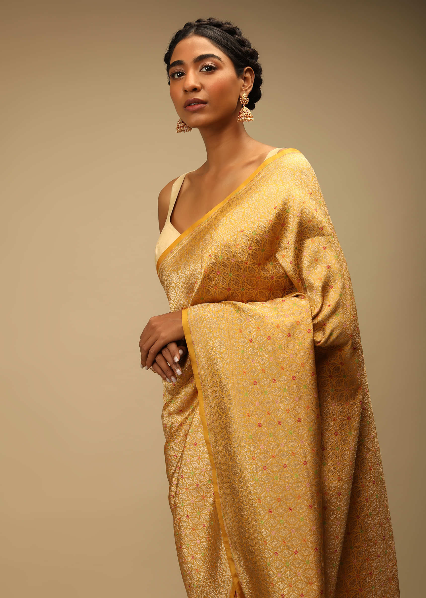 Corn Yellow Saree In Pure Handloom Silk With Woven Jaal Design  