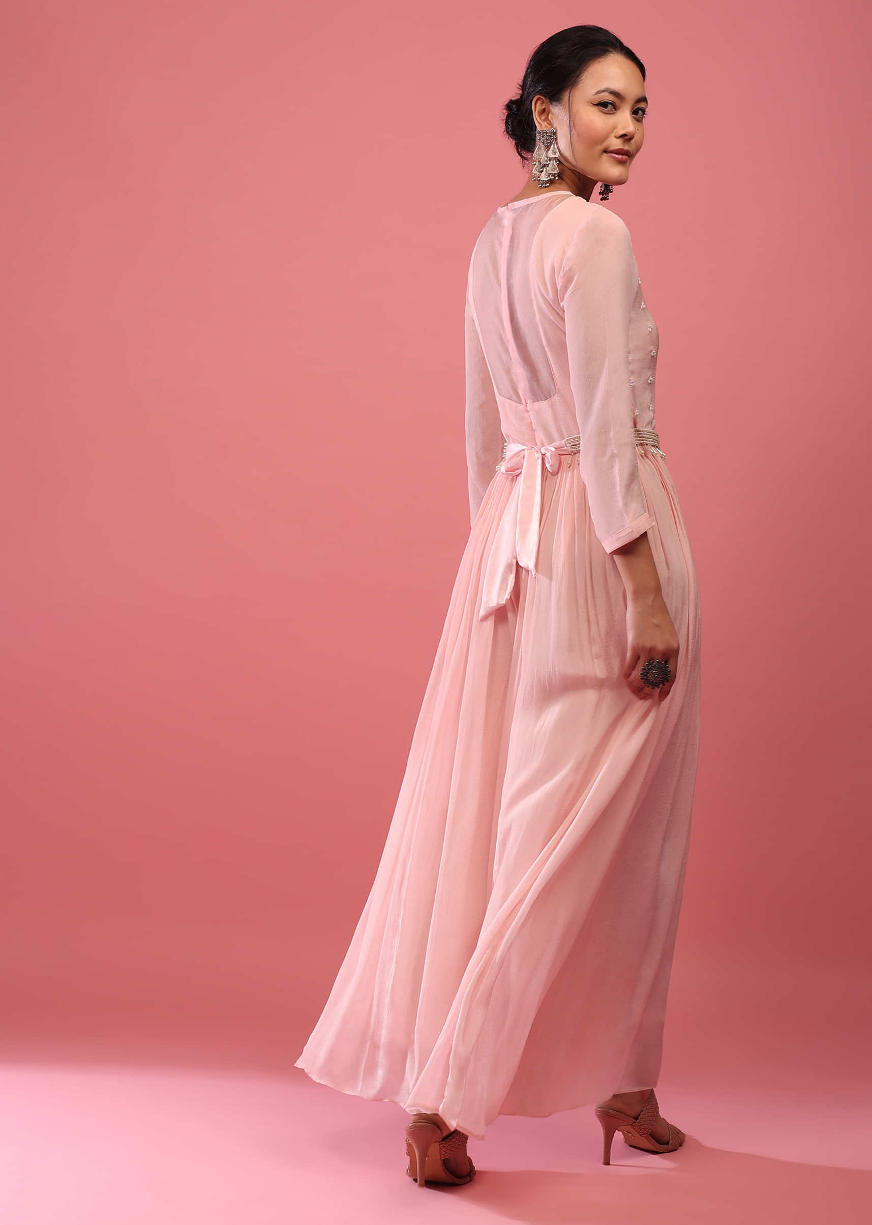 Candy Pink Jumpsuit In Chiffon With Full Sleeves And Embroidered Belt In Moti