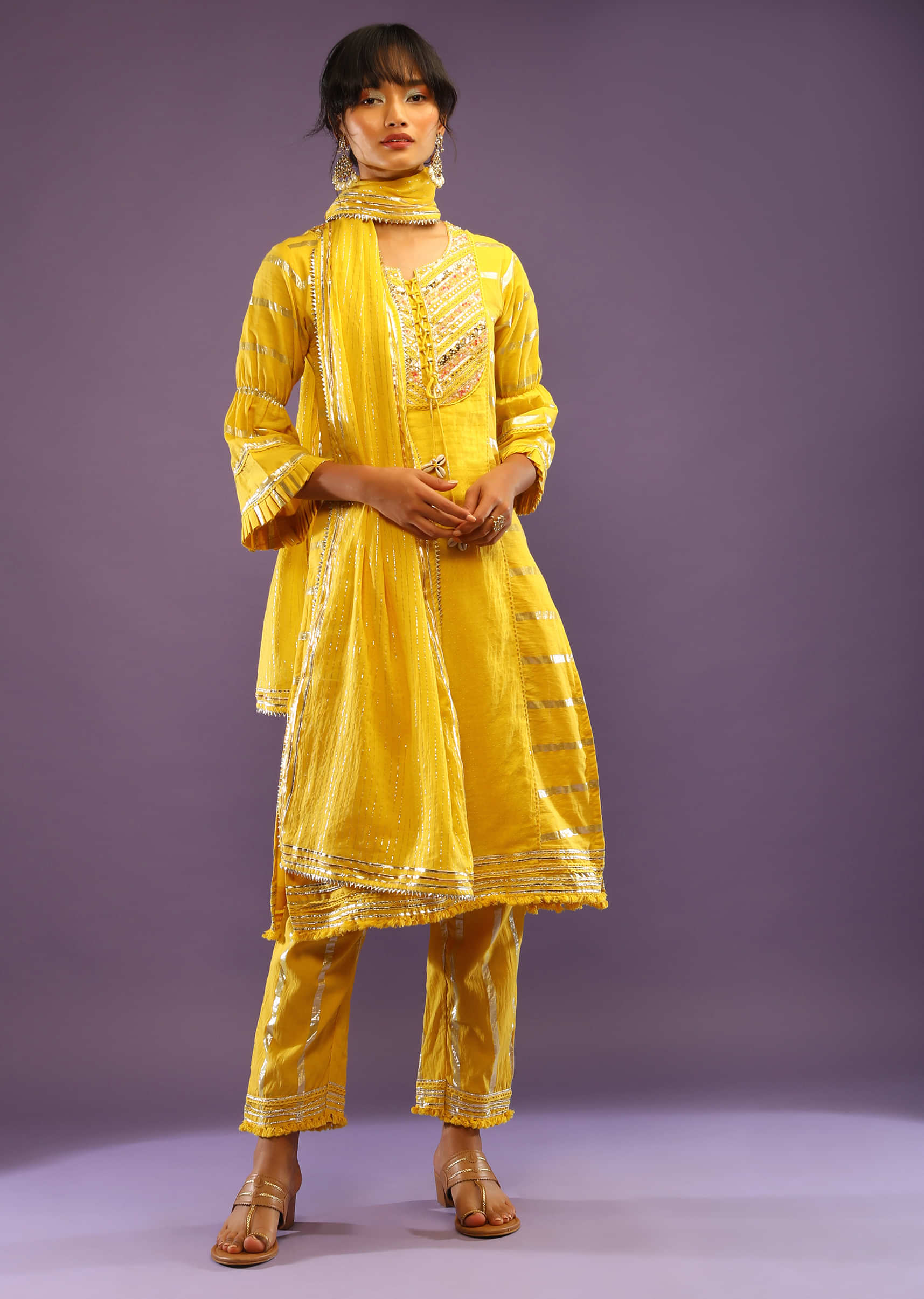 Vibrant Yellow Straight Cut Suit In Cotton With Embroidered Yoke And Woven Stripes