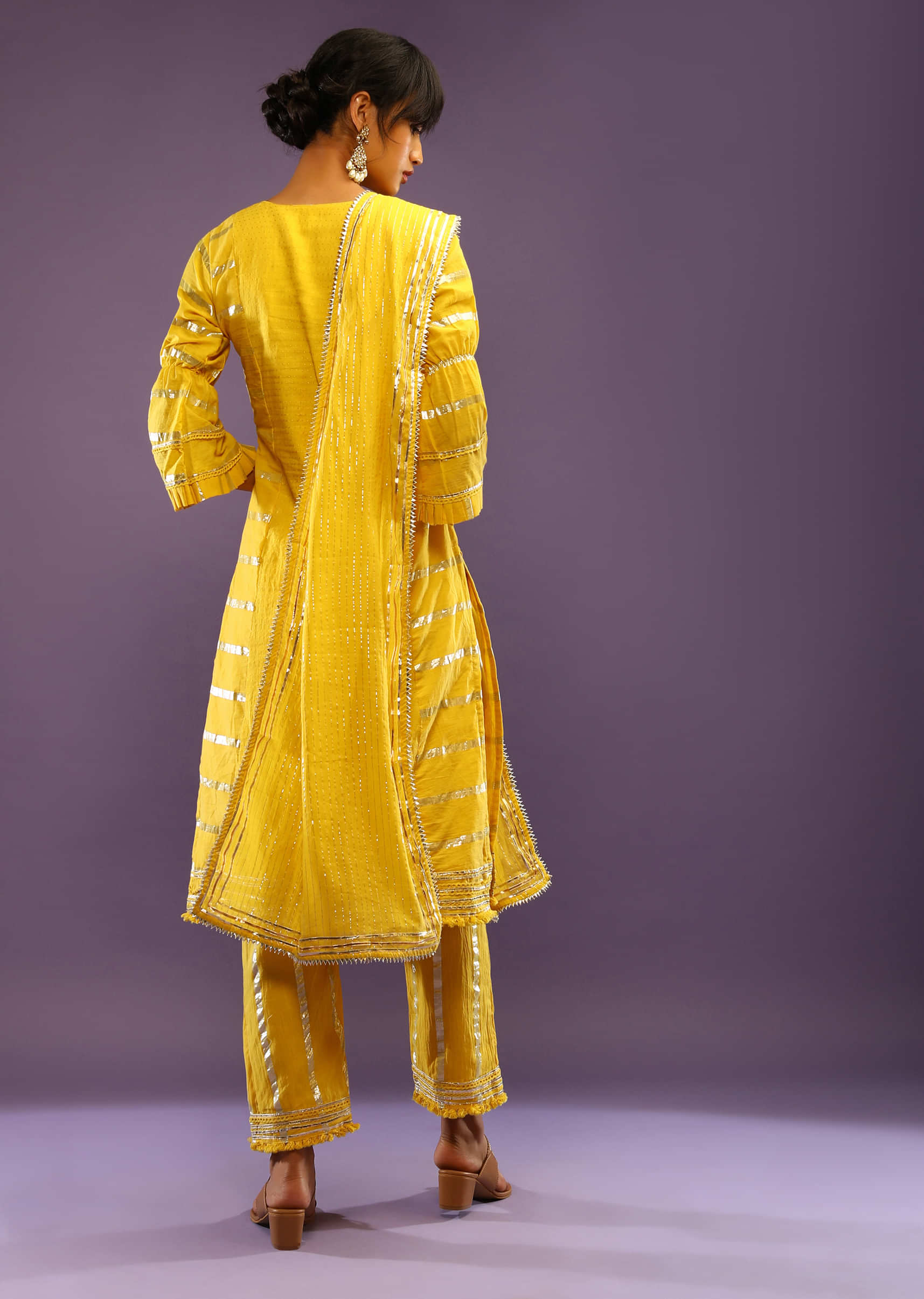 Vibrant Yellow Straight Cut Suit In Cotton With Embroidered Yoke And Woven Stripes
