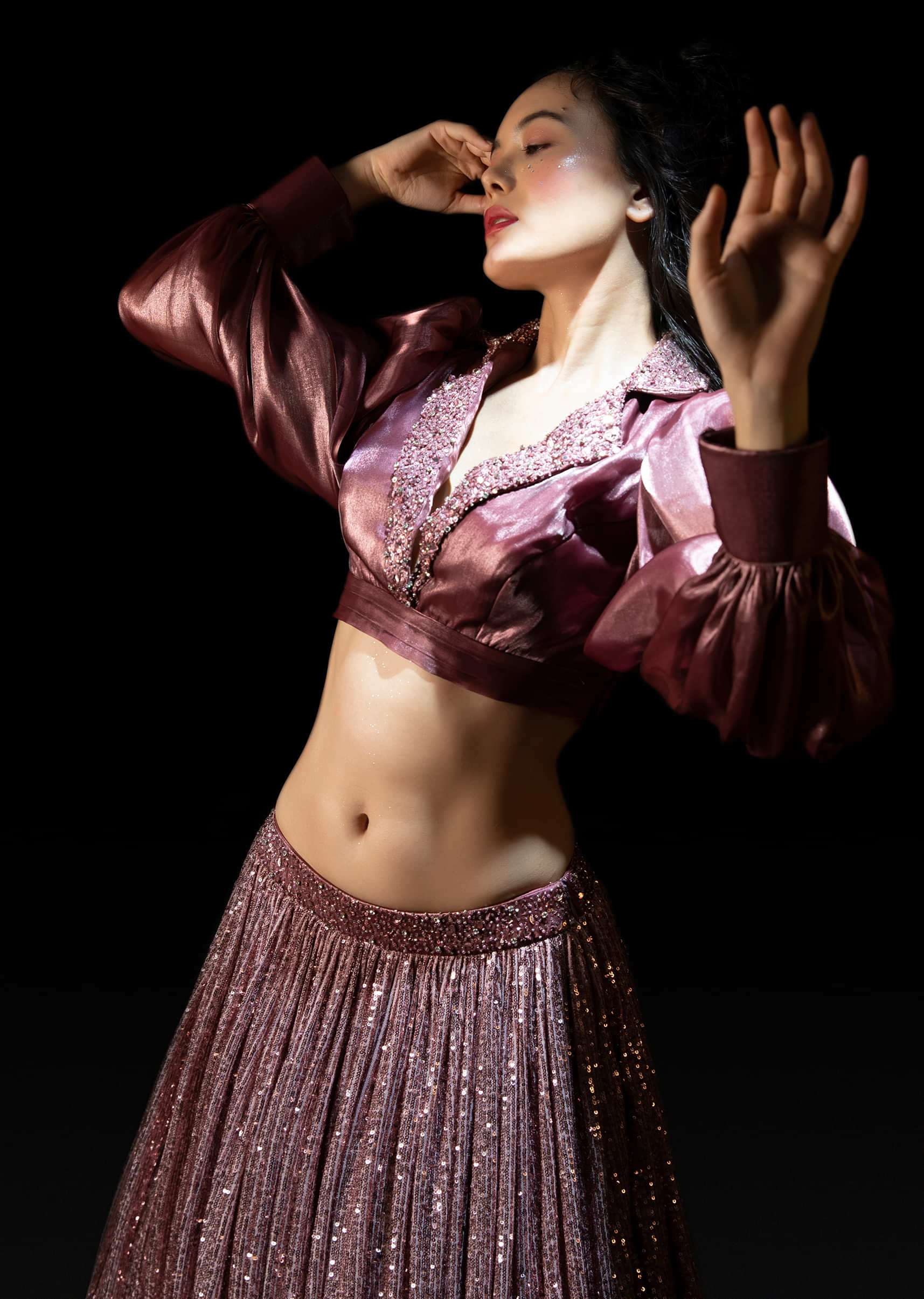 Vintage Rose Pink Sequins Lehenga With A Balloon Sleeves Crop Top Featuring Embroidered Lapel Collar Neckline 