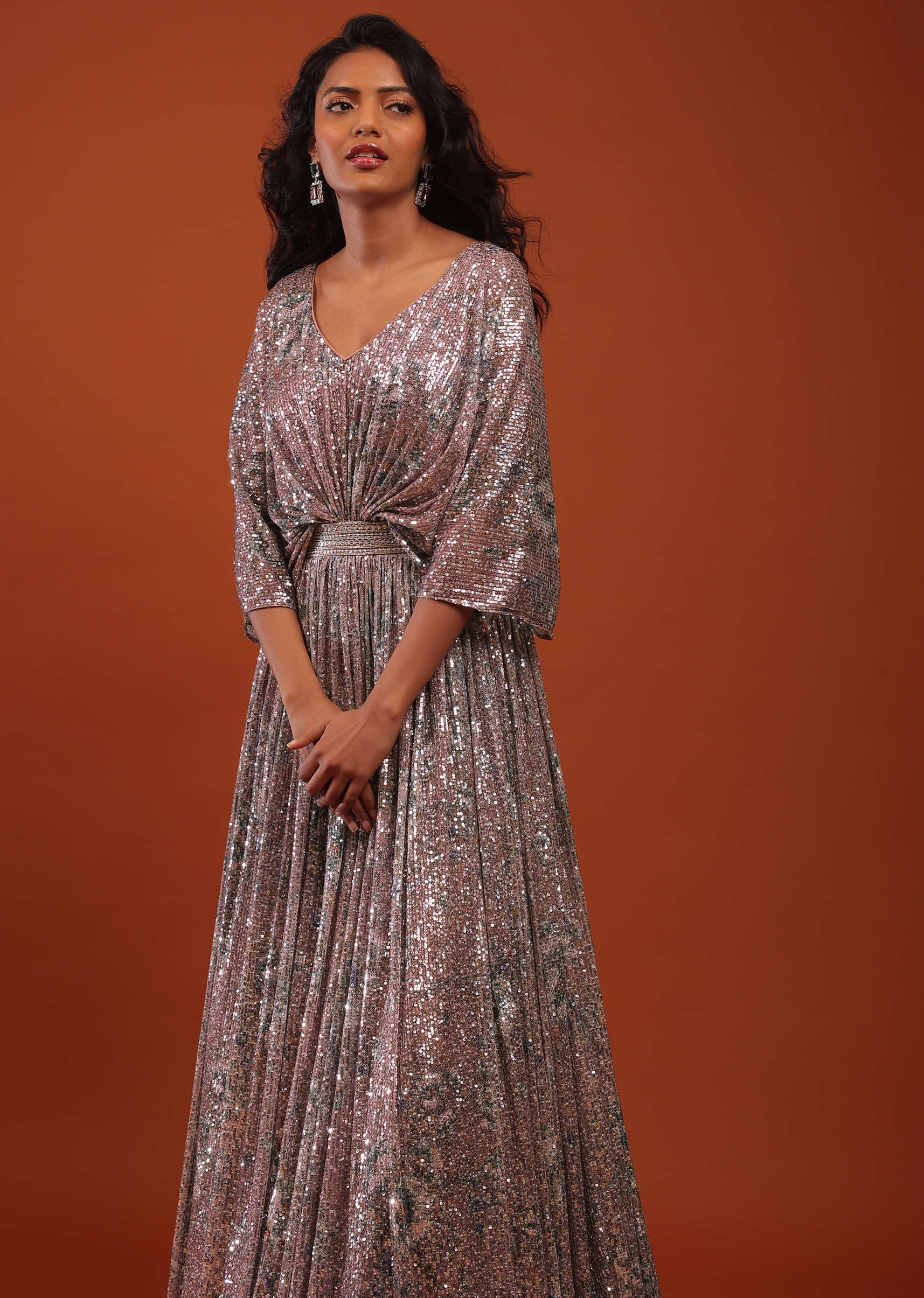 Violet Ice Purple Crushed Sequin Kaftan Gown With An Embellished Waistbelt
