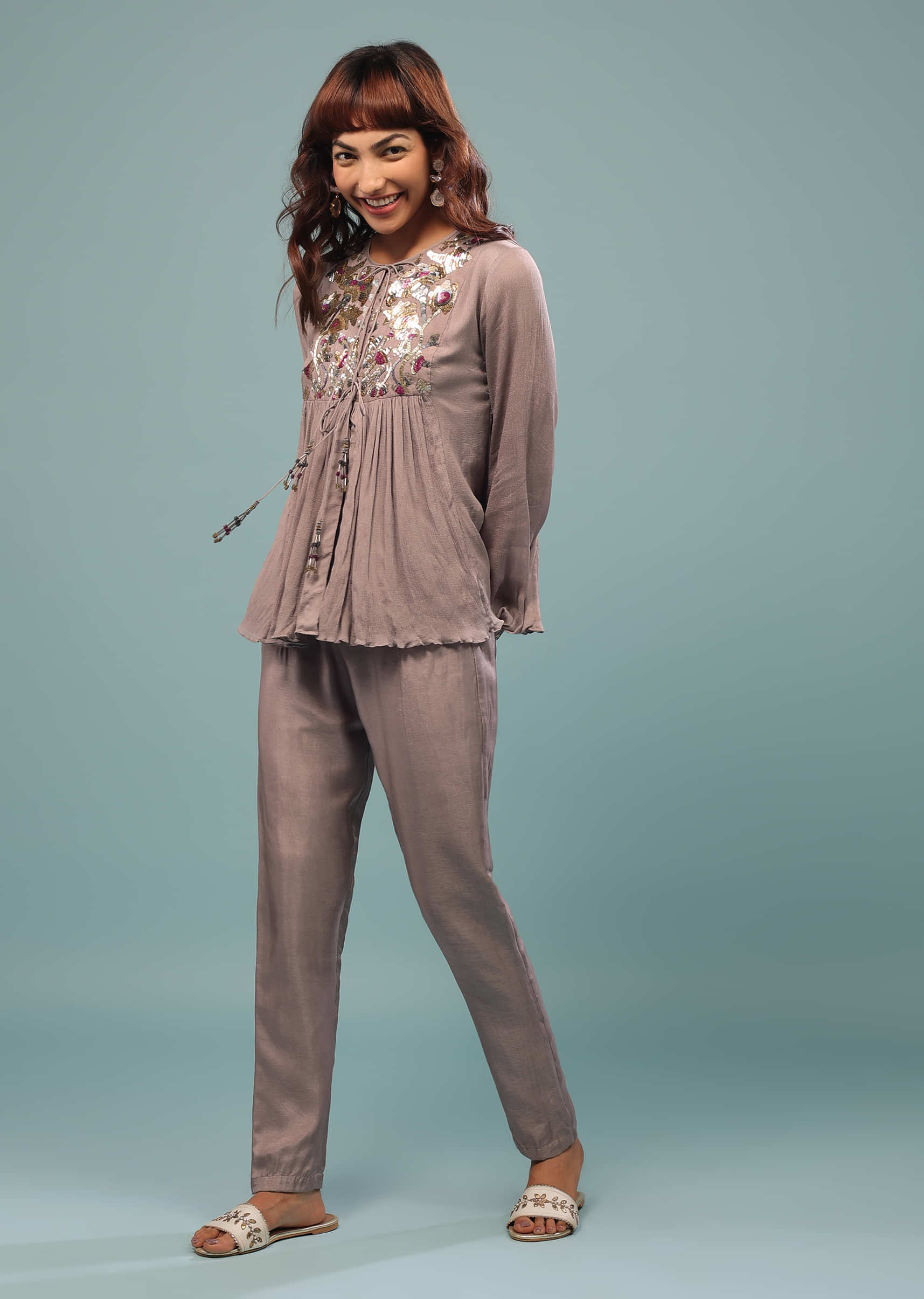 Taupe Brown Embroidered Pant-Top Set In Chinon