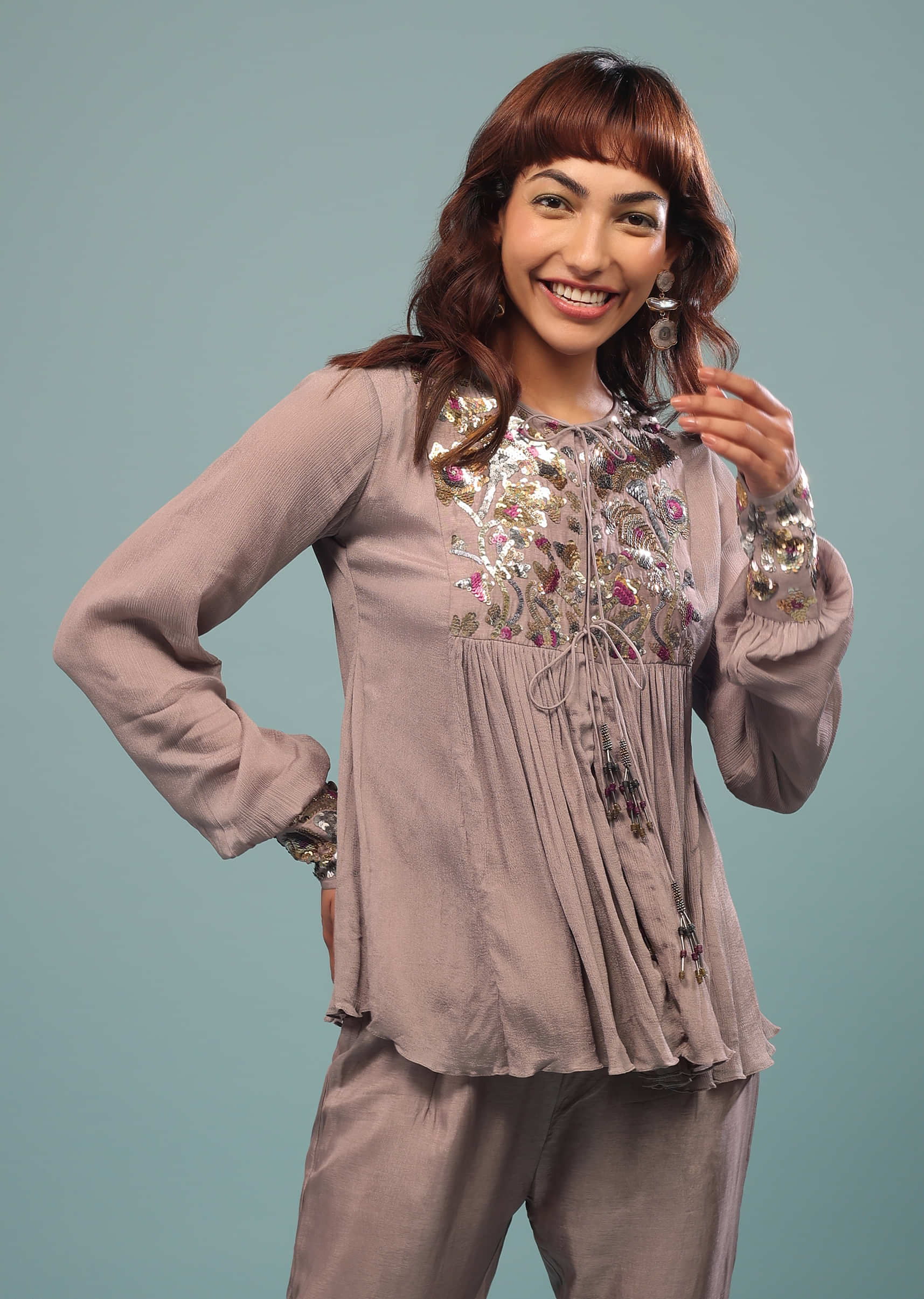 Taupe Brown Embroidered Pant-Top Set In Chinon