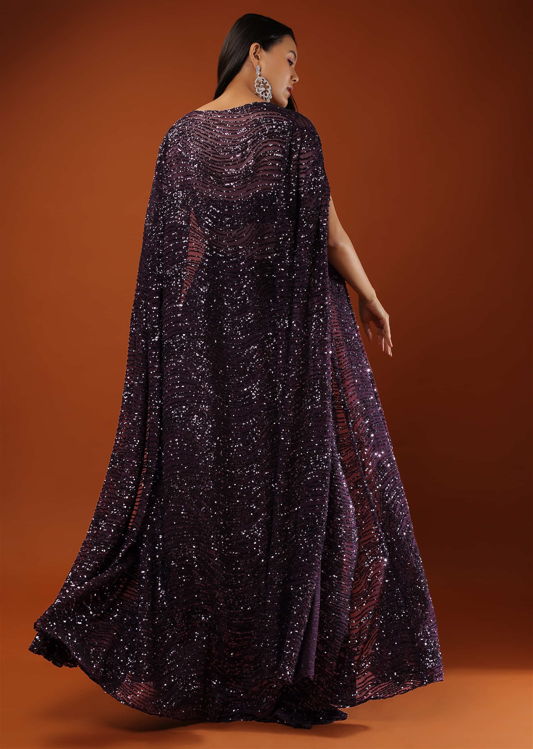 Violet palazzo And Crop Top In Sequins Embroidery, Extended Jacket In Cape Sleeves