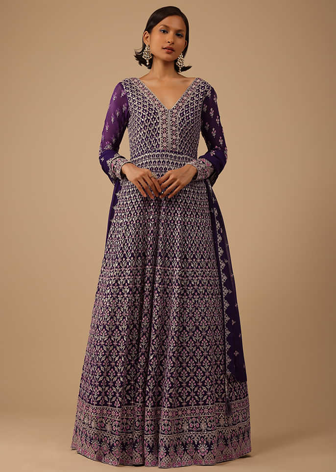 Violet Purple Anarkali Suit Set In Georgette With Thread Work All Over