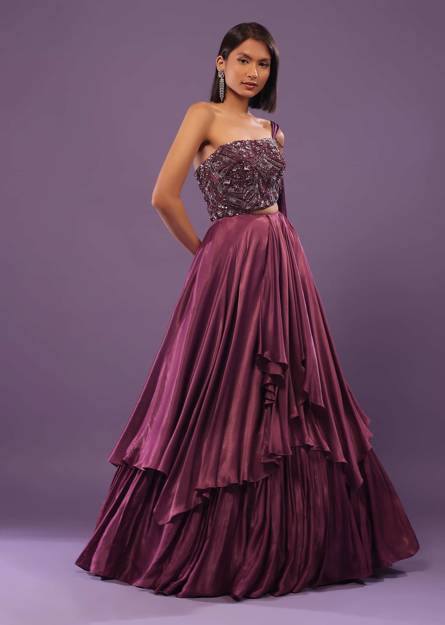 Burgundy Purple Embroidered Tiered Gown In Satin