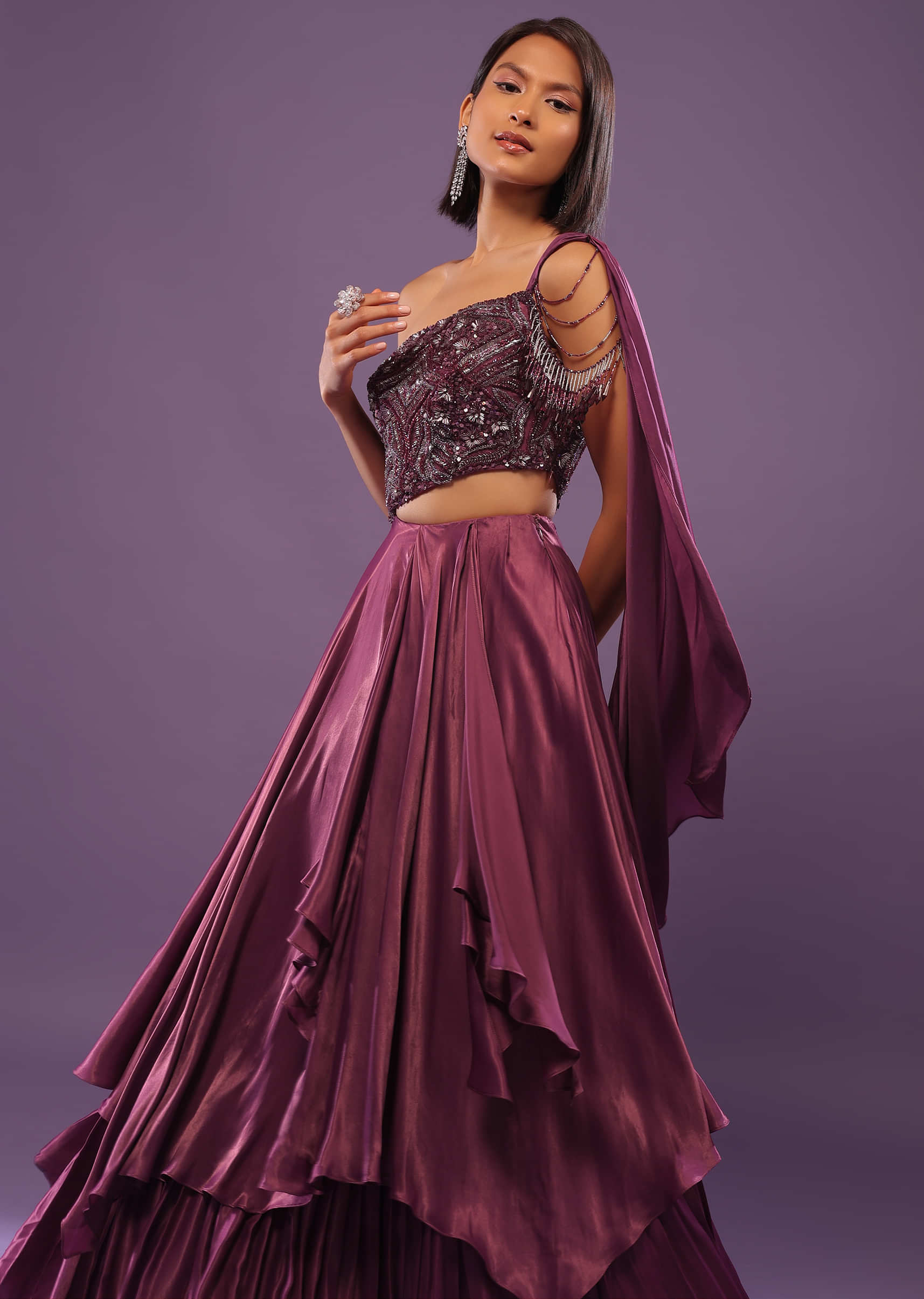 Burgundy Purple Embroidered Tiered Gown In Satin