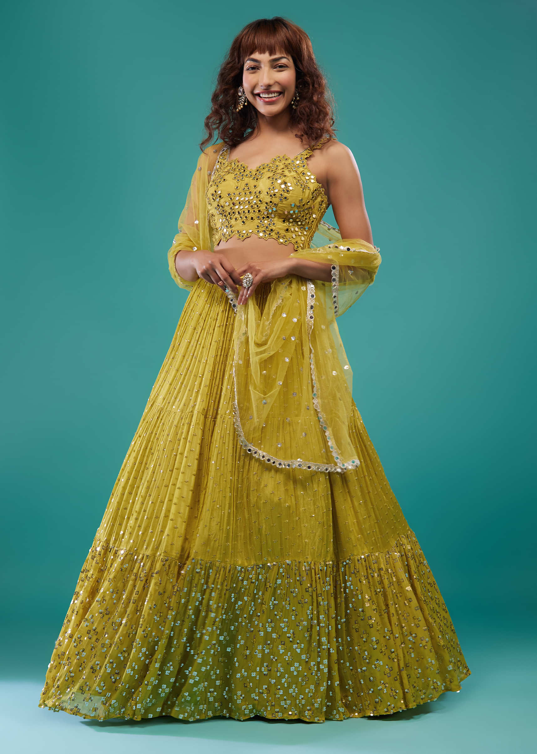 Lime Green Embroidered Lehenga Set In Chinon