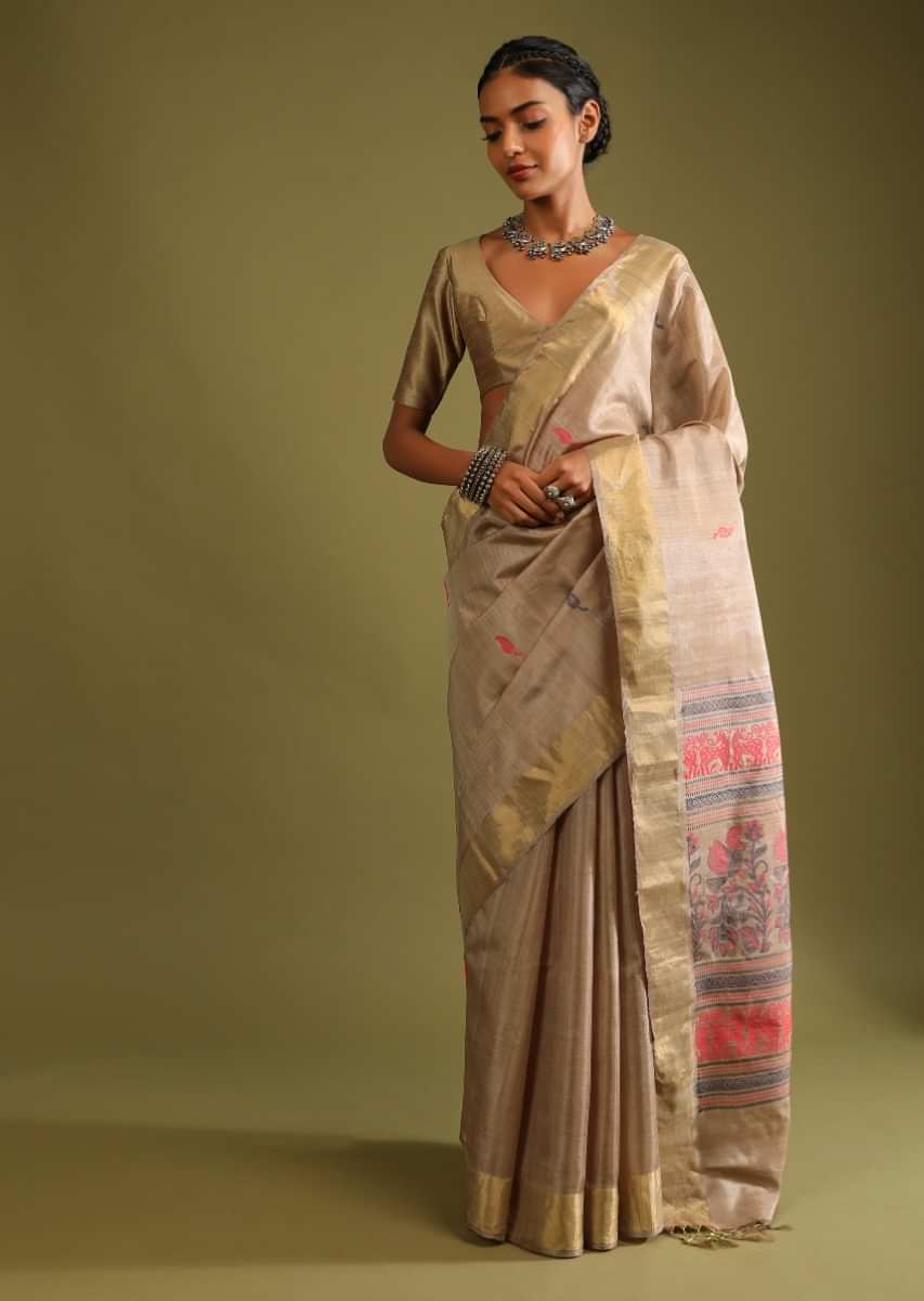 Wheat Beige Saree In Tussar Silk With Red And Black Colored Thread Embroidered Botanical Design On The Pallu  