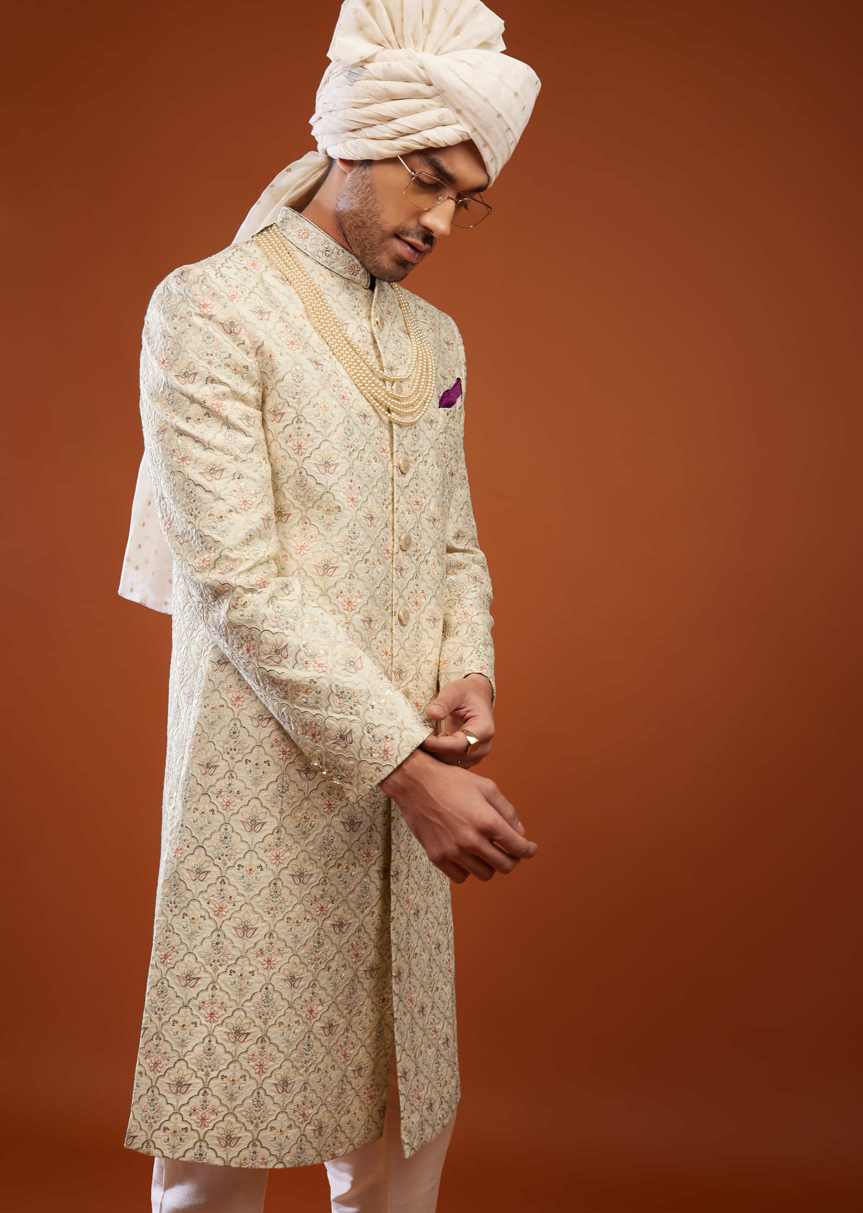 Beige White Embroidered Sherwani Set In Tussar Silk