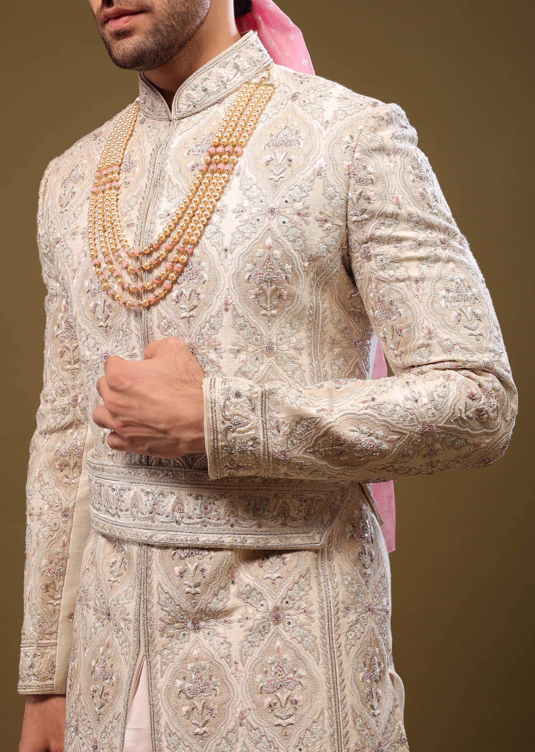 Nude White Silk Sherwani Set With Intricate Embroidery