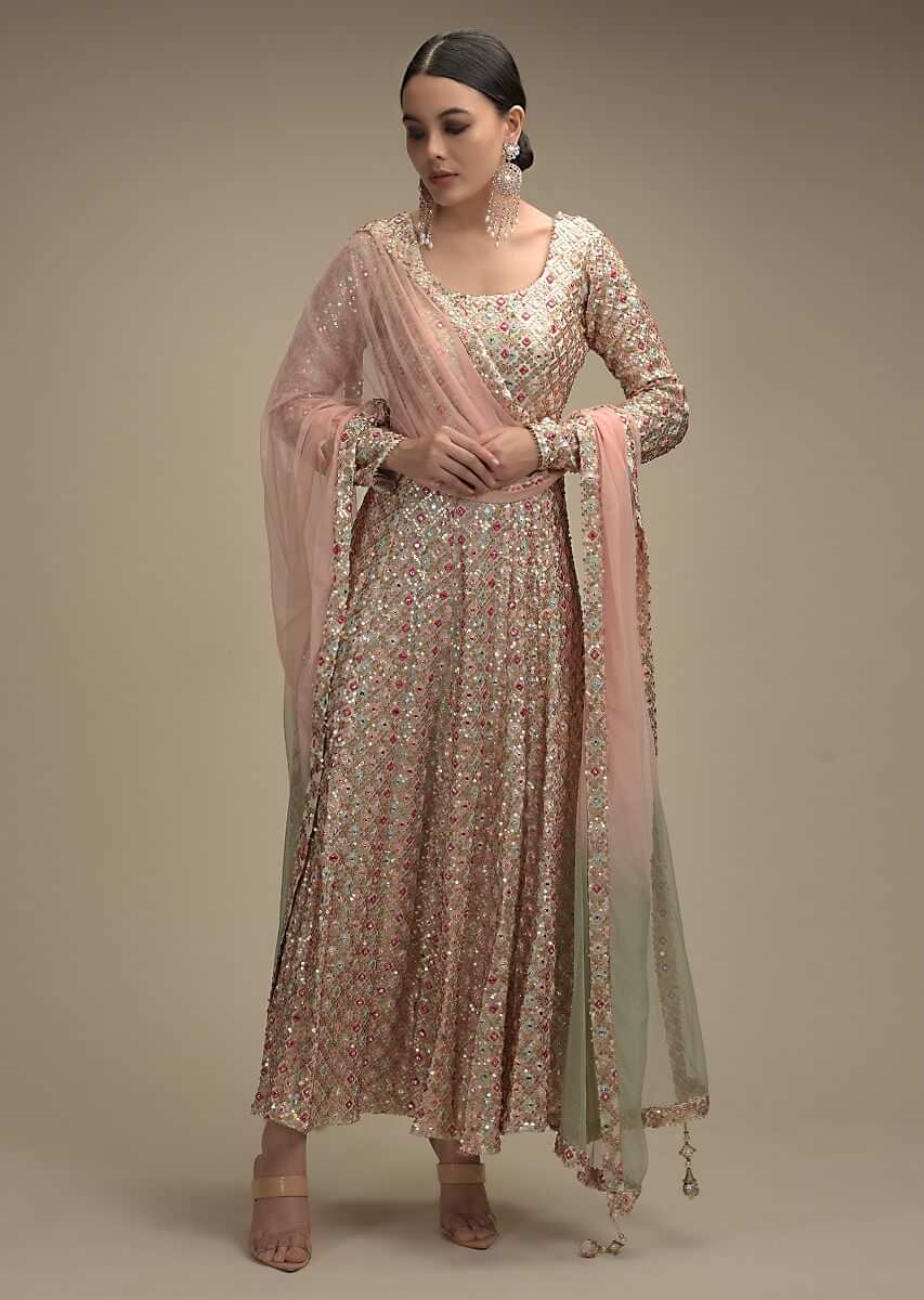 White Anarkali Suit Tailored In Georgette With Multi Color Resham And Abla Work All Over