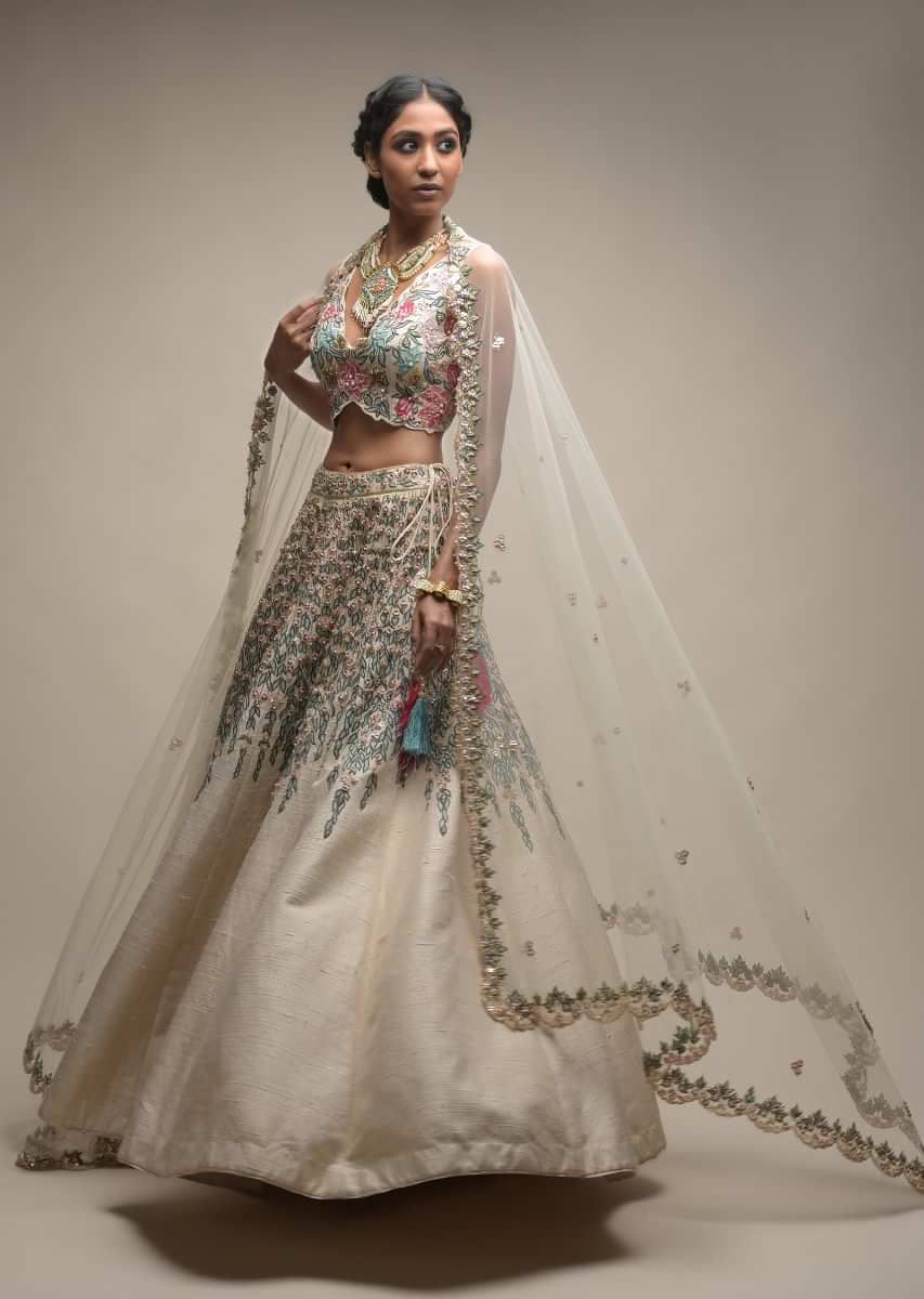 White Lehenga Choli In Raw Silk With Resham And Floral Sequins Embroidered Petals 