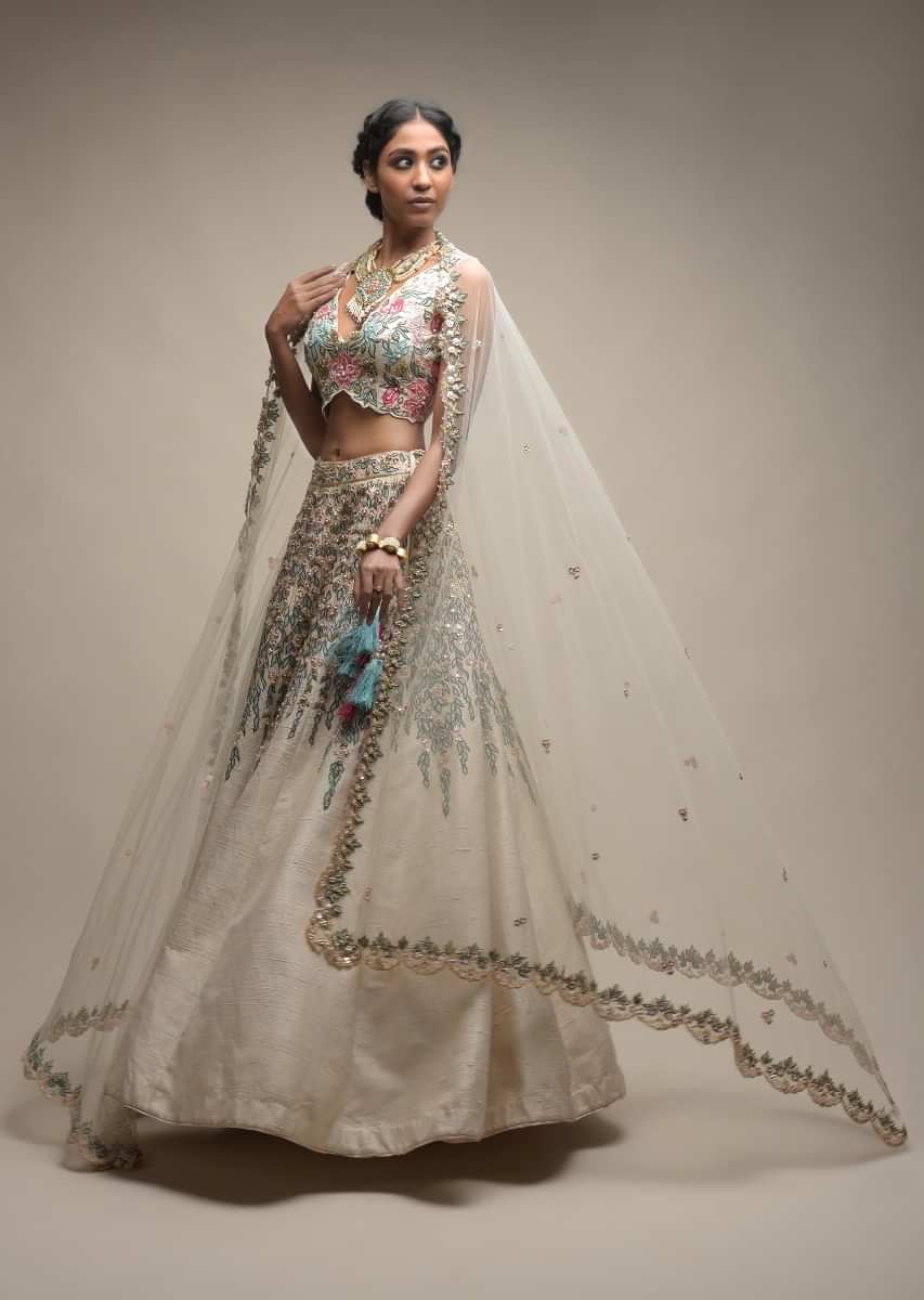 White Lehenga Choli In Raw Silk With Resham And Floral Sequins Embroidered Petals 
