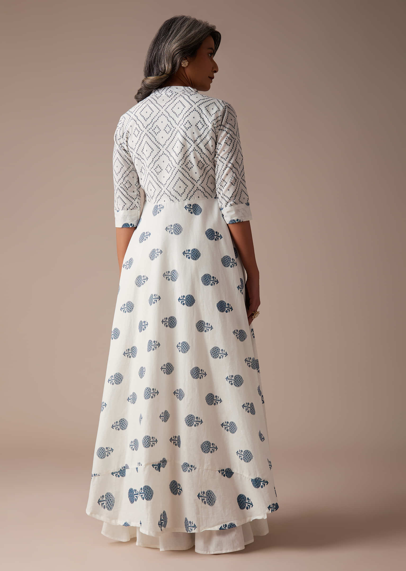 White A Line Front Slit Kurta Set In Cotton With Blue Printed Buttis And Geometric Motifs And Long Sleeveless Inner 