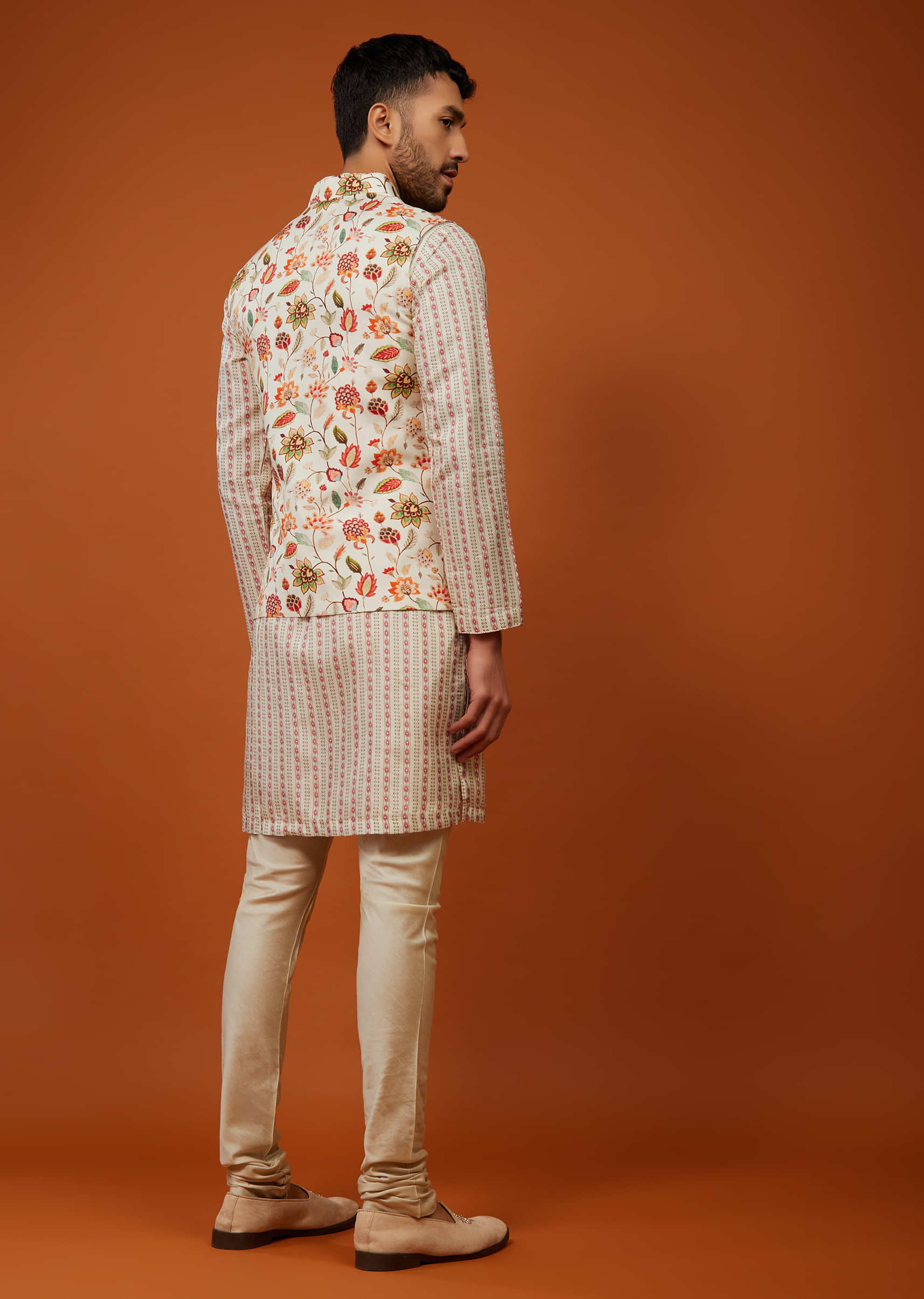 Off White Floral Printed Bandi Jacket Set In Cotton Silk