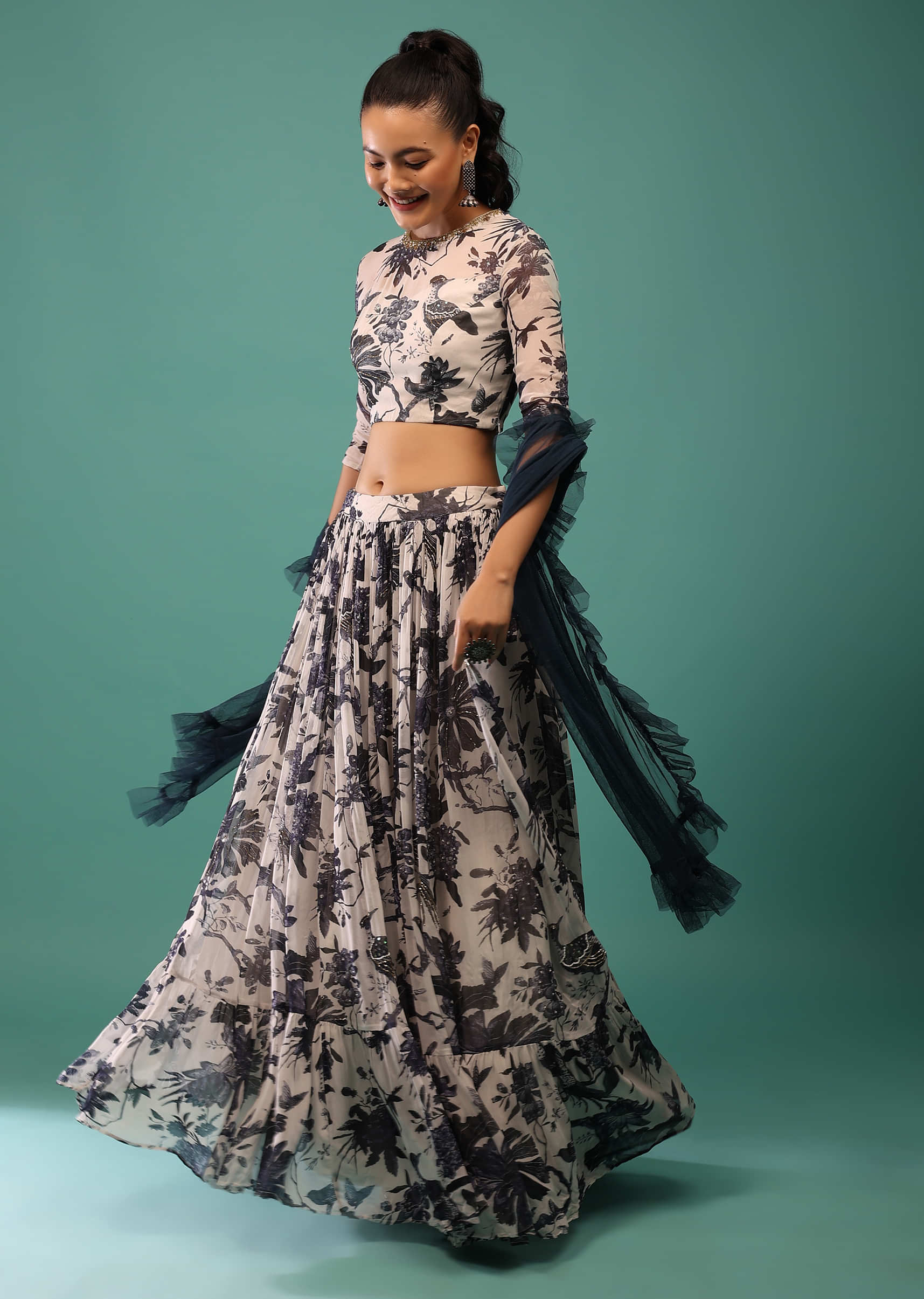 White Blouse And Skirt Set With Midnight Blue Floral Print Along With Frills And Sequins