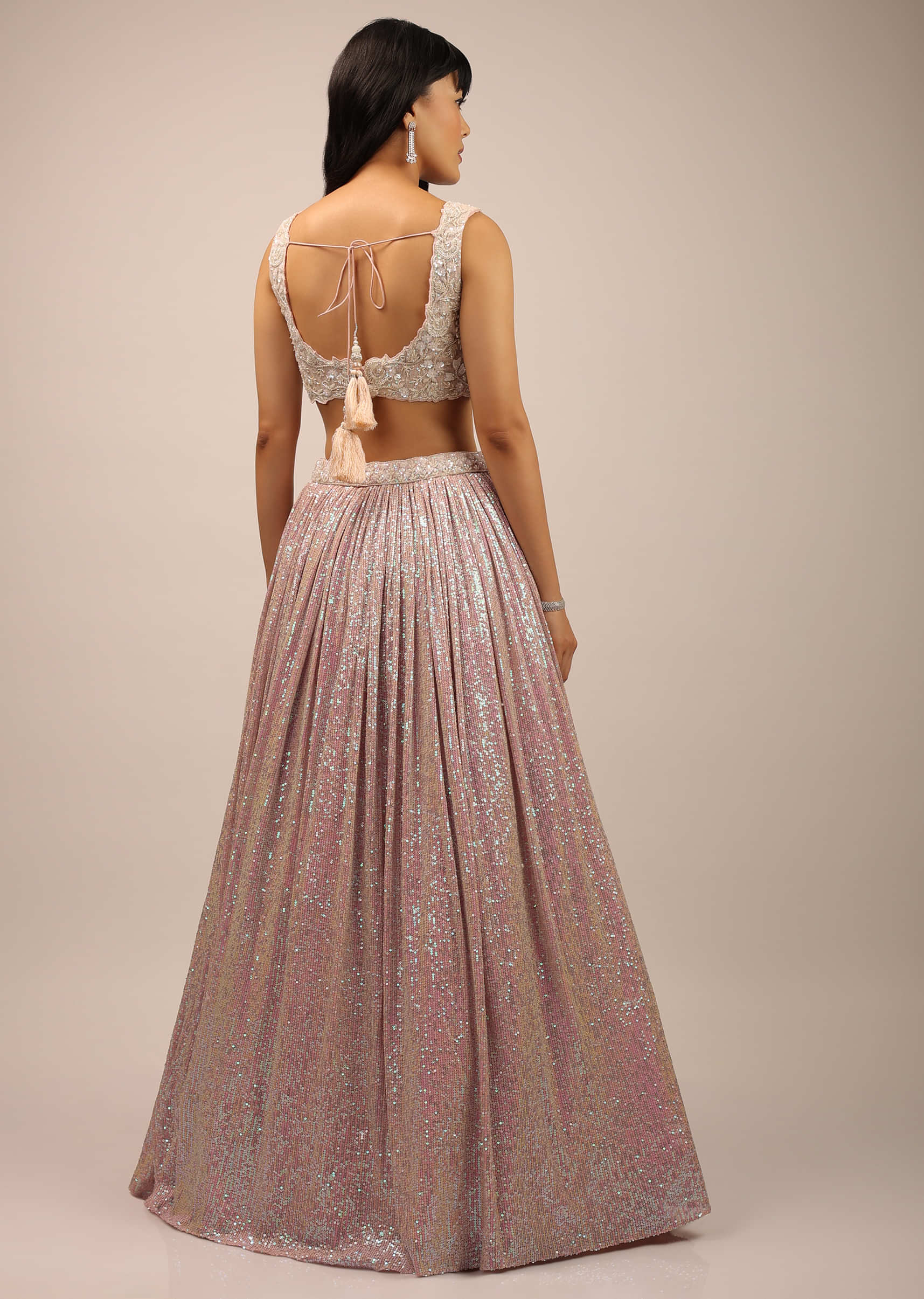Blush Pink Crop Top And Pleated Skirt With Sequins 