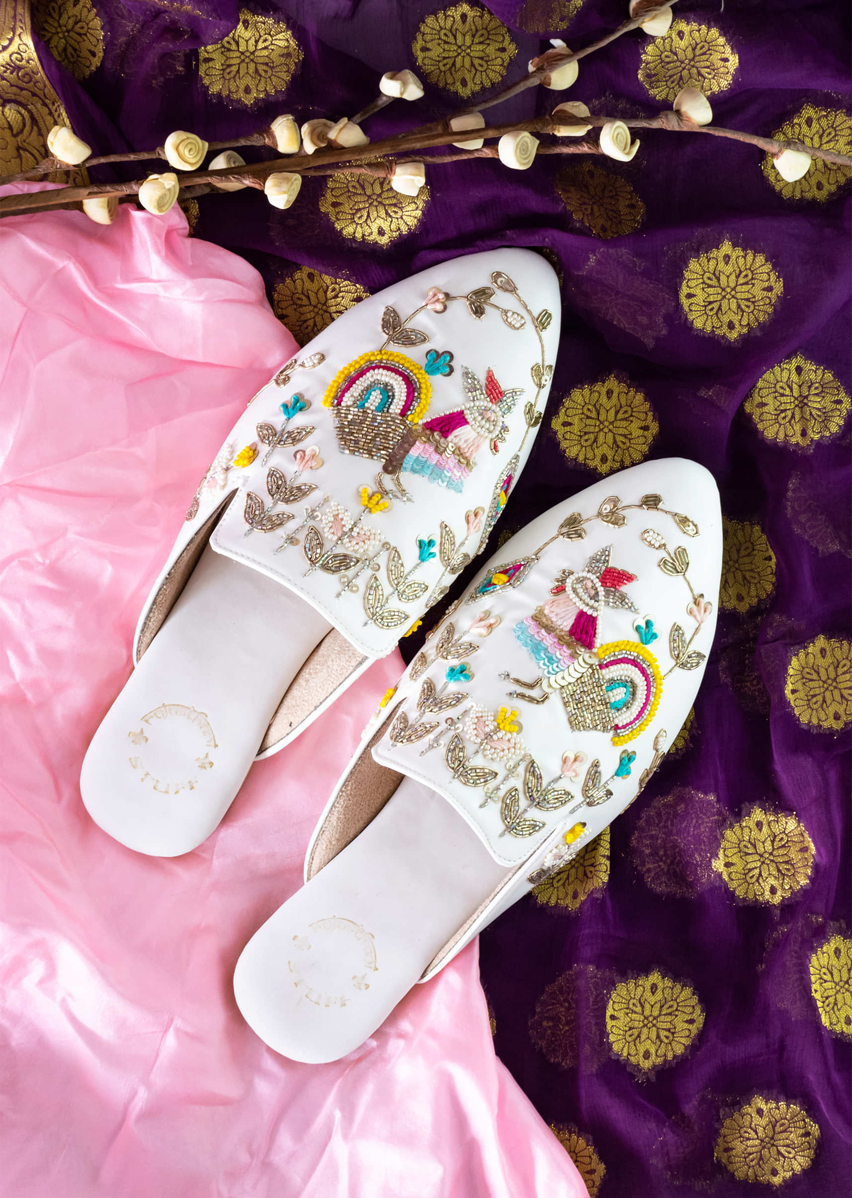 Pearl White Embroidered Mules In Rexine With Sequins And Thread Work