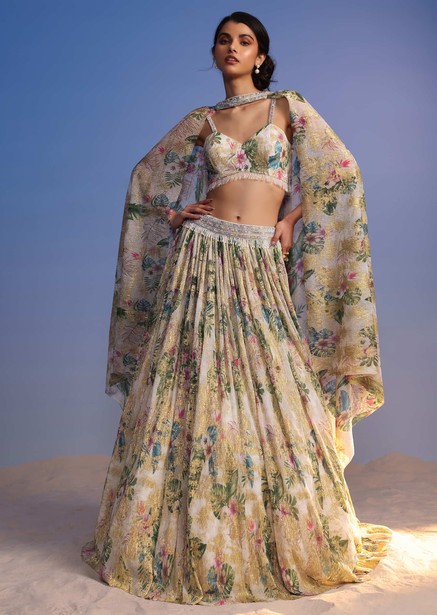 White Lehenga Set In Crush With Floral Print And Embroidered Choker Dupatta