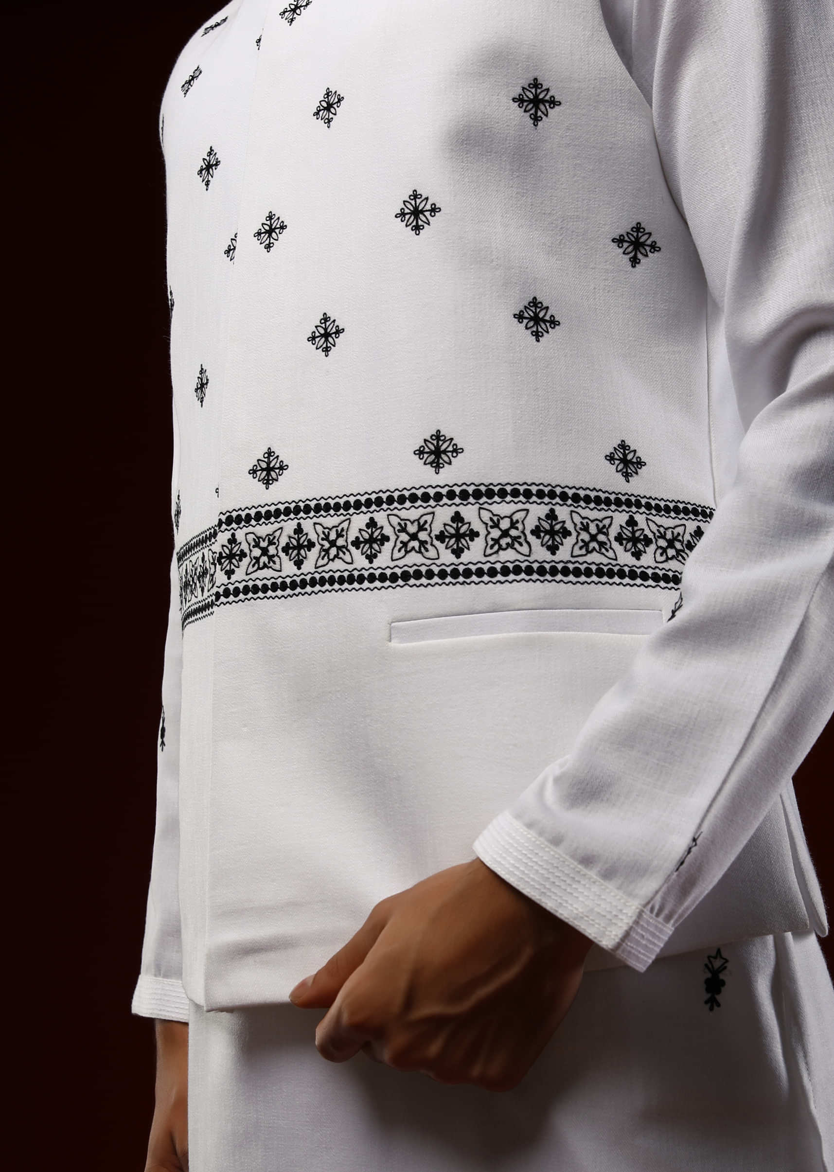 White Nehru Jacket Set With Black Resham Aari Embroidered Ethnic Buttis