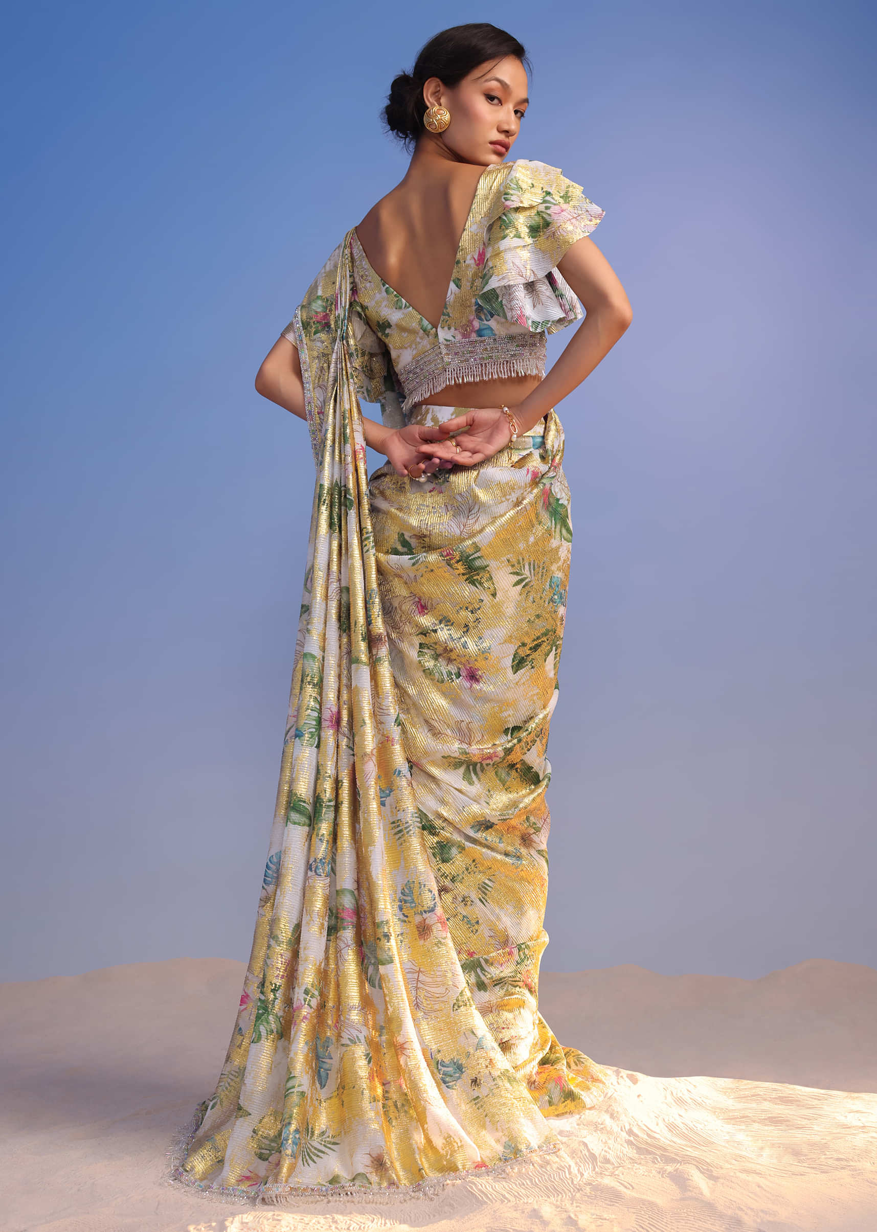 White Ready-To-Wear Saree In Crush With Floral Foil Print