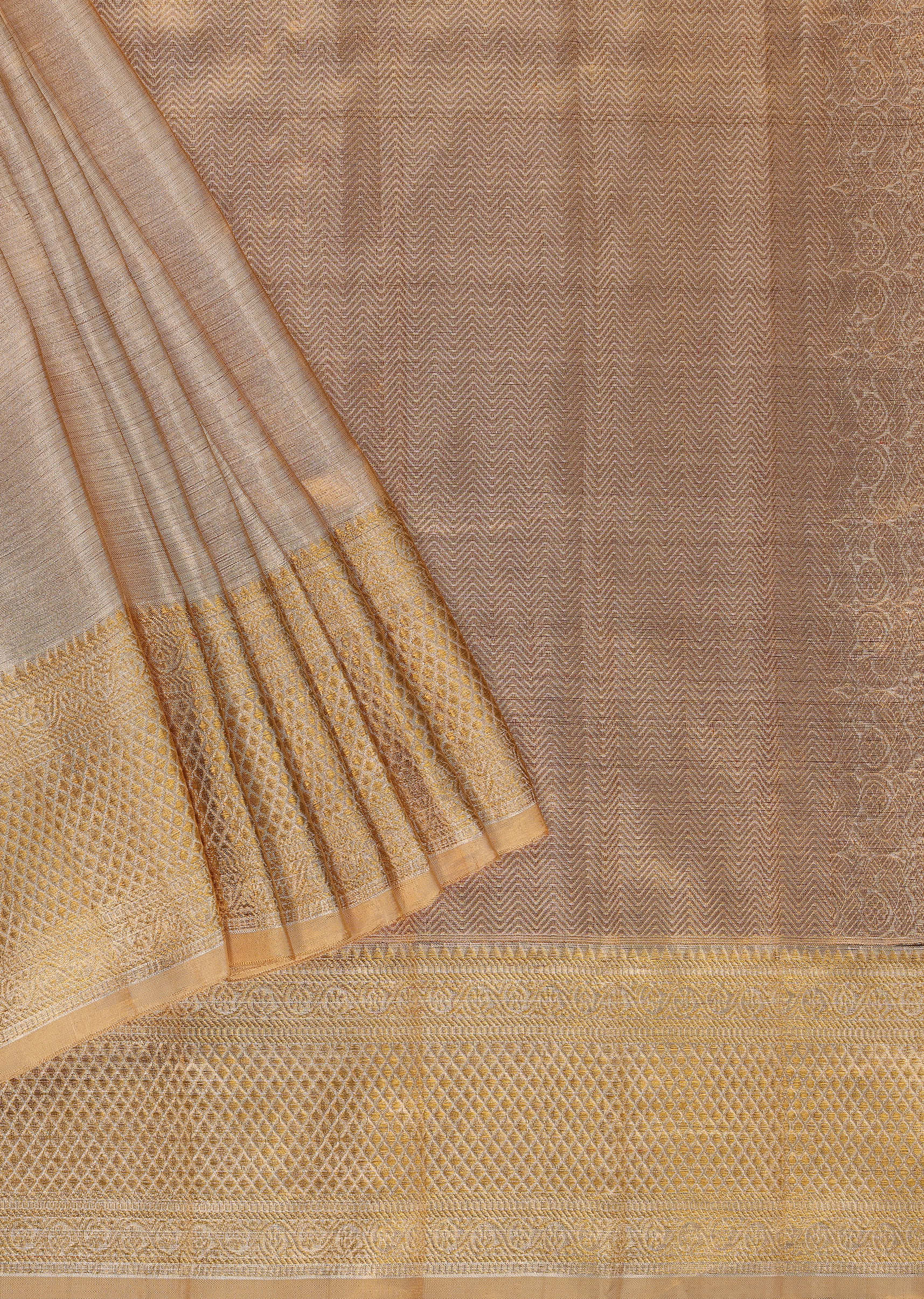Beige White Tissue Saree With 7gm Real Zari In Luminous Gold Hue