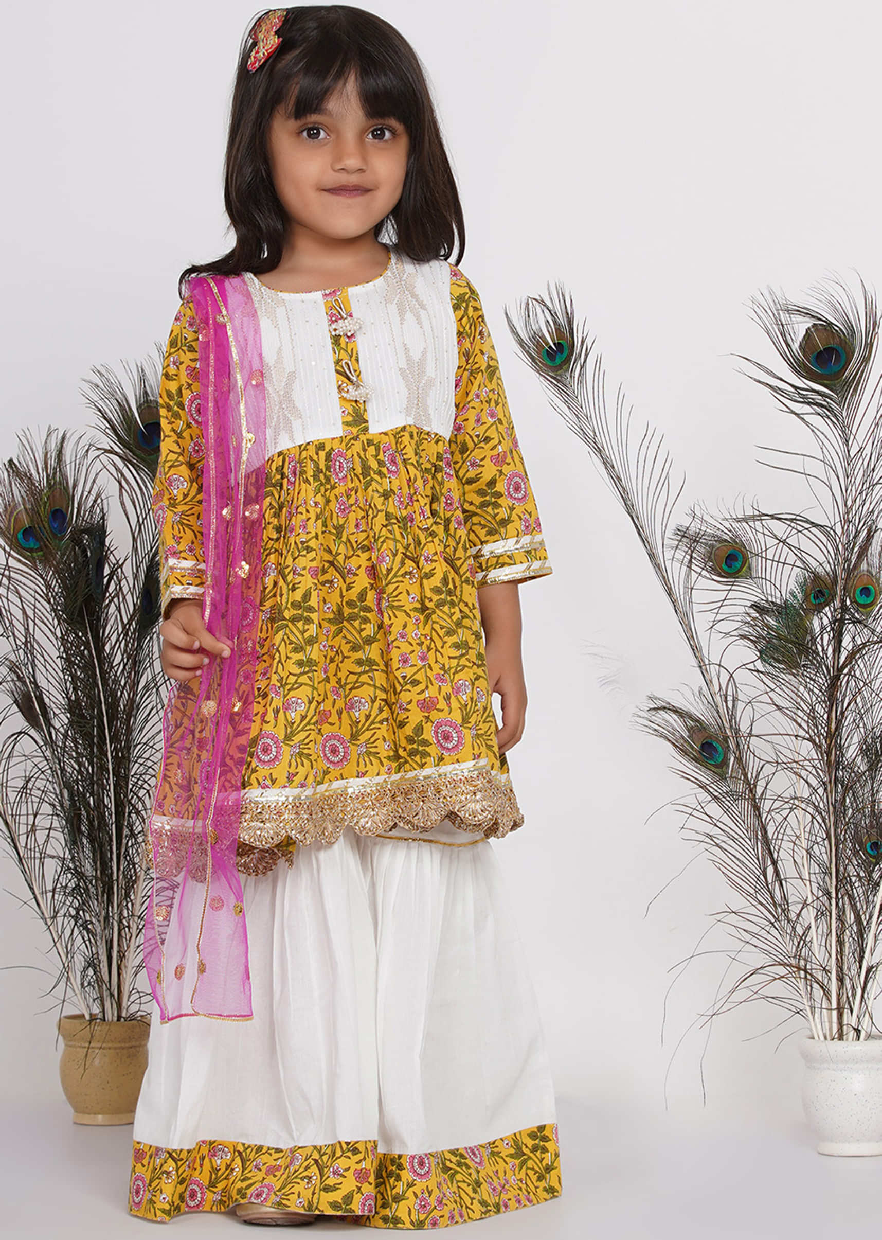 Kalki Girls White & Yellow Floral Jaipuri Kurta With Embroidery Work