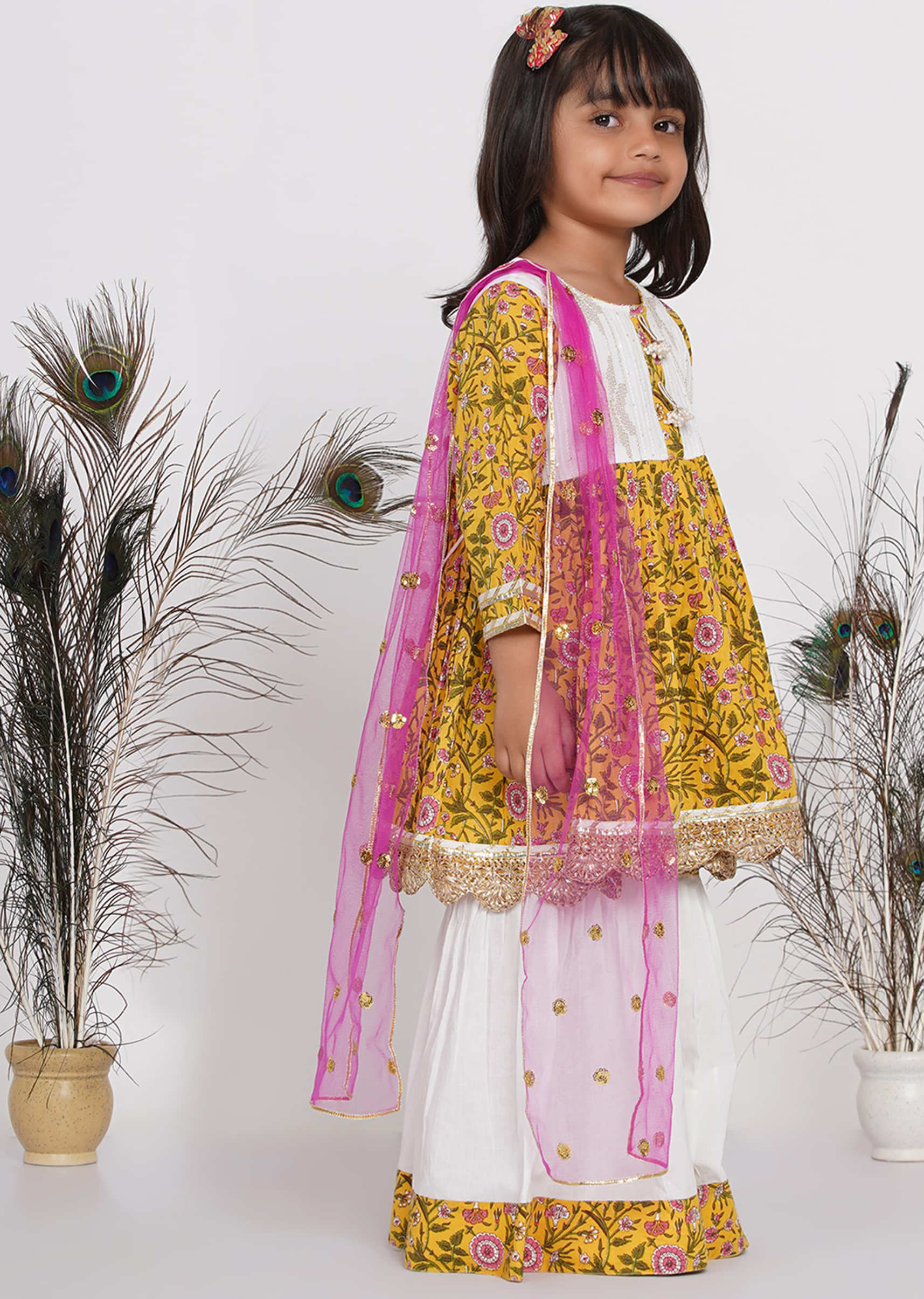 Kalki Girls White & Yellow Floral Jaipuri Kurta With Embroidery Work
