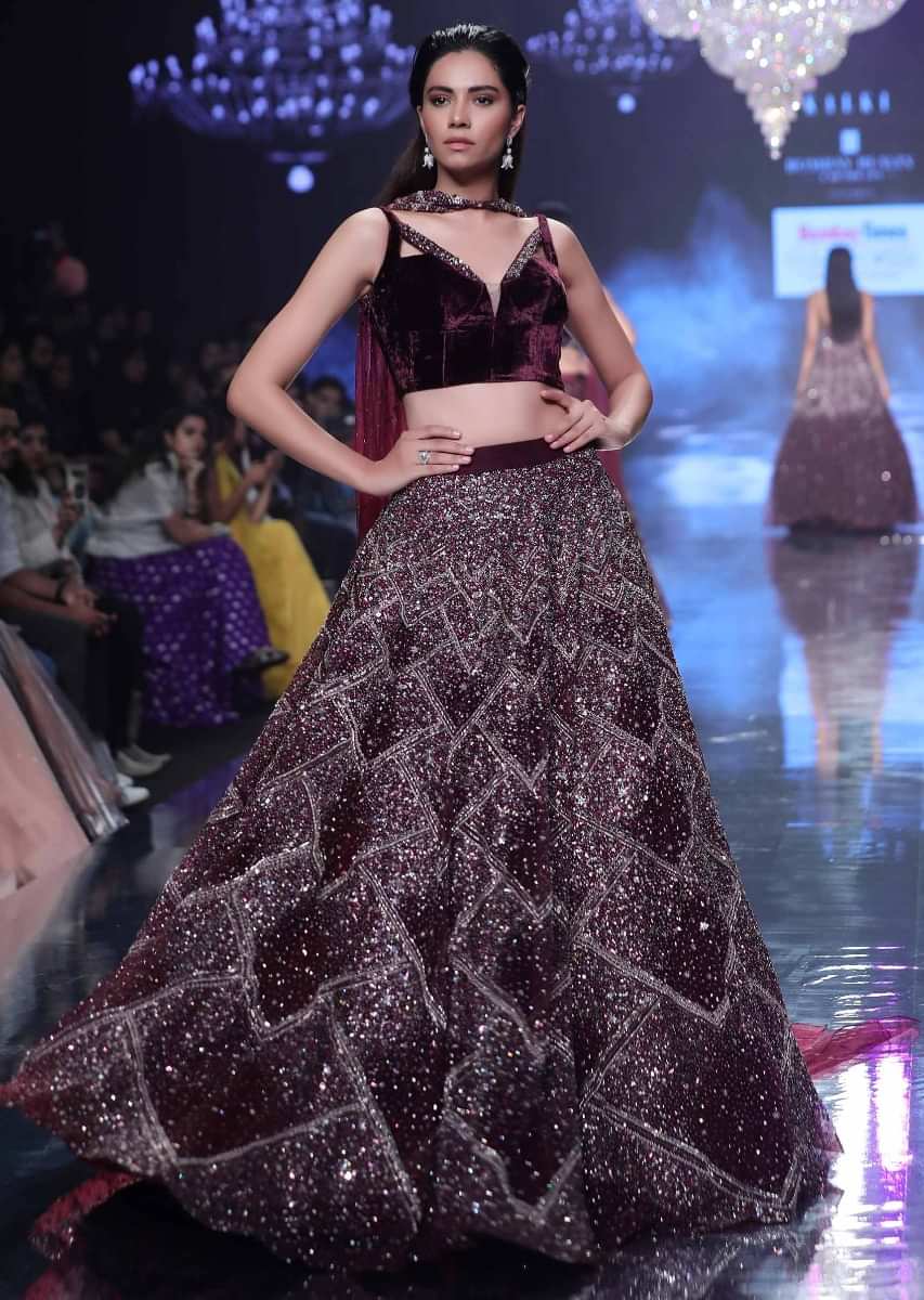 Jewel-toned Cassis Lehenga With Hand Embroidered Geometric Motifs And Long Embellished Dupatta 