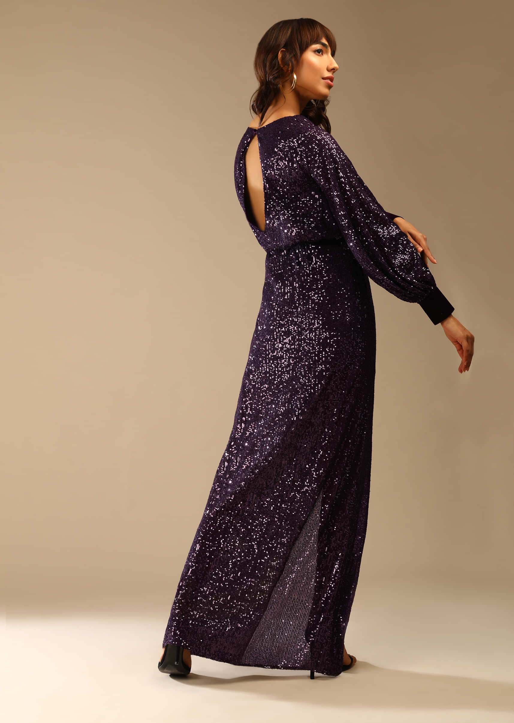 Wine Purple Gown Embellished In Sequins With Cowl Neckline And Peasant Sleeves