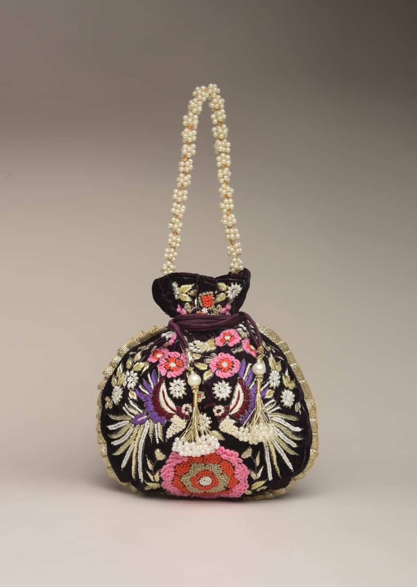 Wine Purple Potli Bag In Velvet With Hand Embroidered Floral Design Using Thread And Zardosi