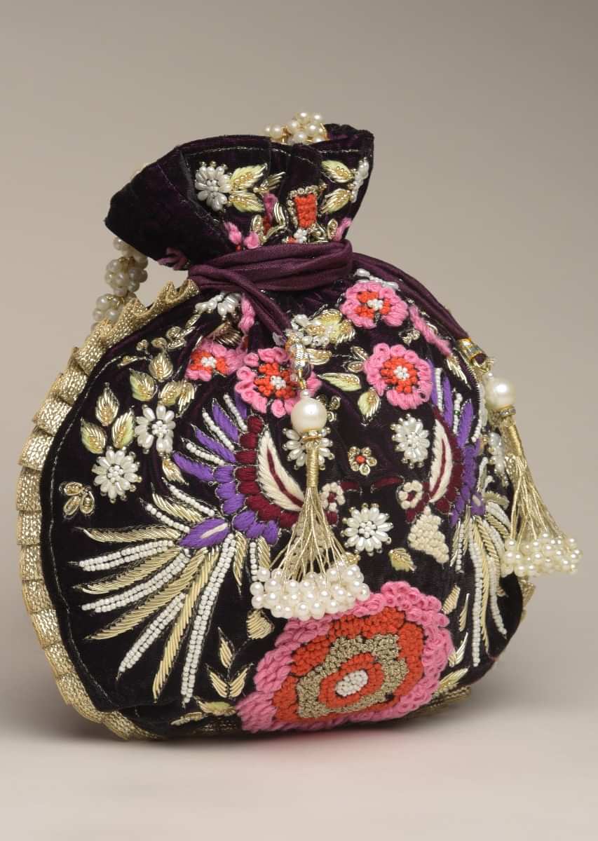 Wine Purple Potli Bag In Velvet With Hand Embroidered Floral Design Using Thread And Zardosi