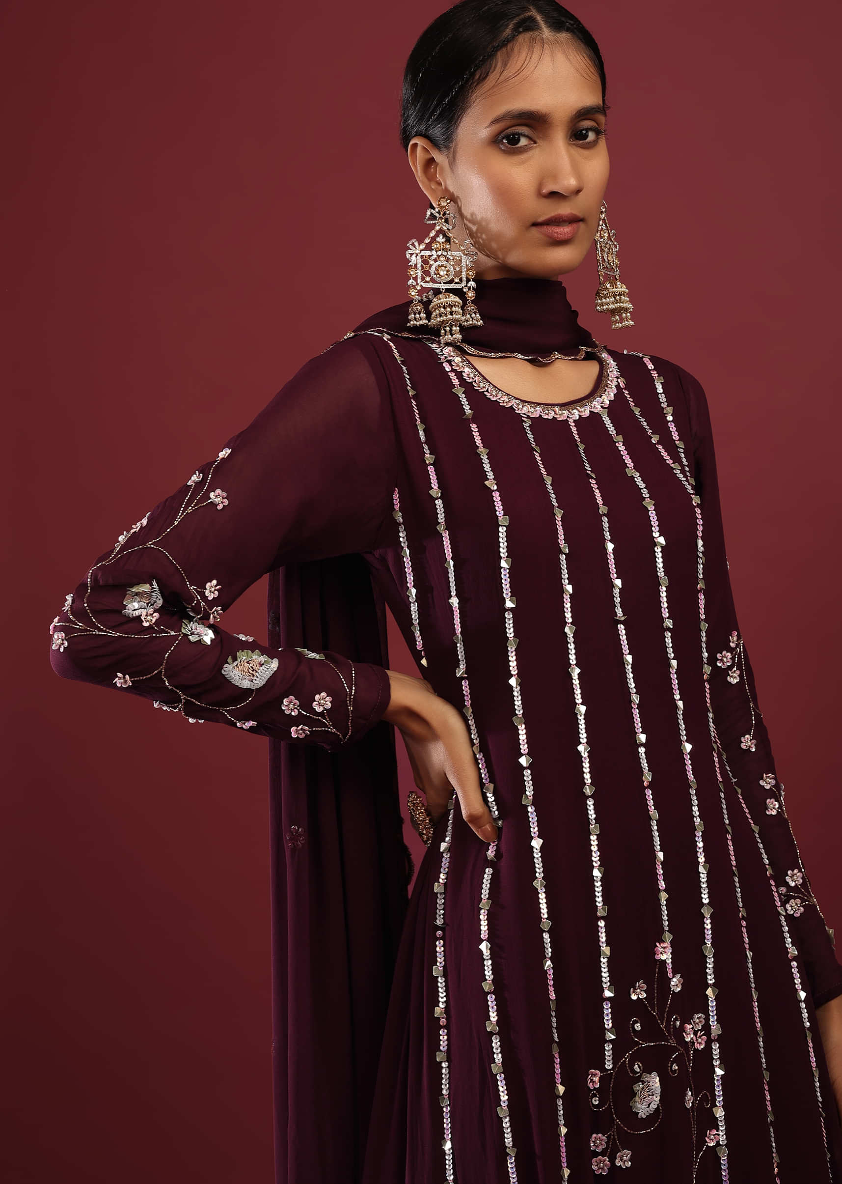 Mulberry Purple Anarkali Suit In Georgette With Multicolored Sequins Embroidered Stripes And Floral Design