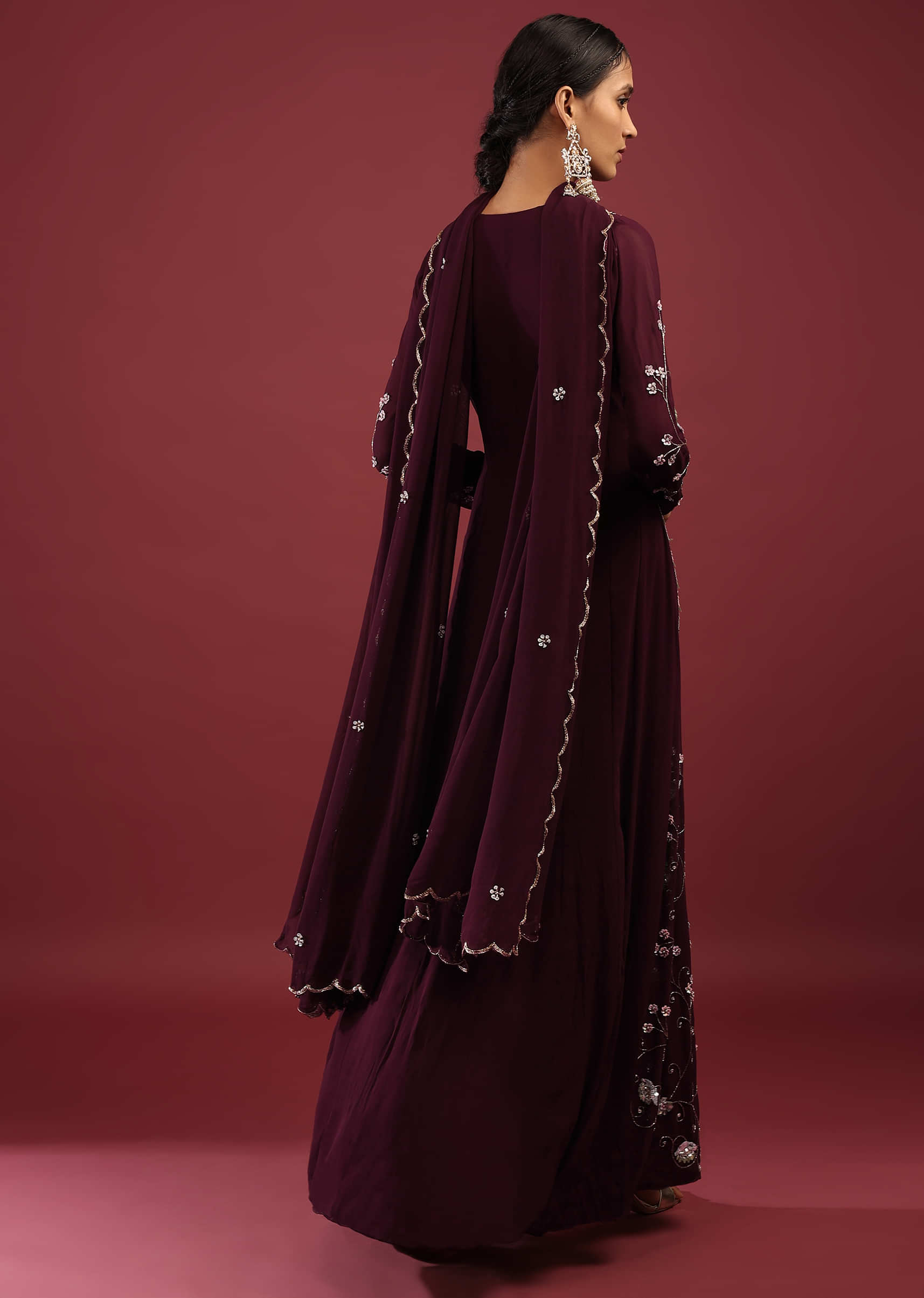 Mulberry Purple Anarkali Suit In Georgette With Multicolored Sequins Embroidered Stripes And Floral Design