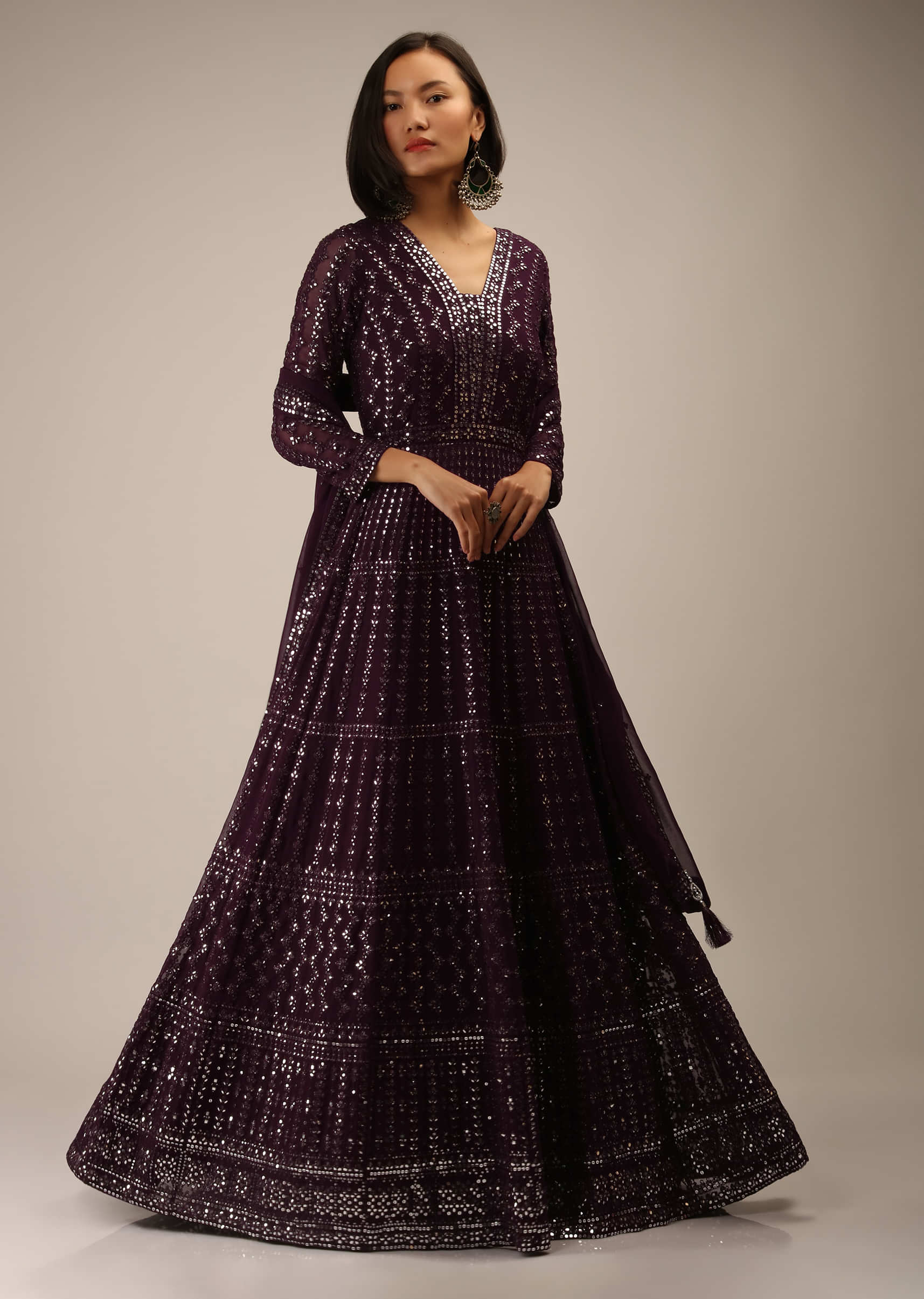 Wine Anarkali Suit In Georgette With Sequins And Mirror Embroidery All Over And Full Sleeves