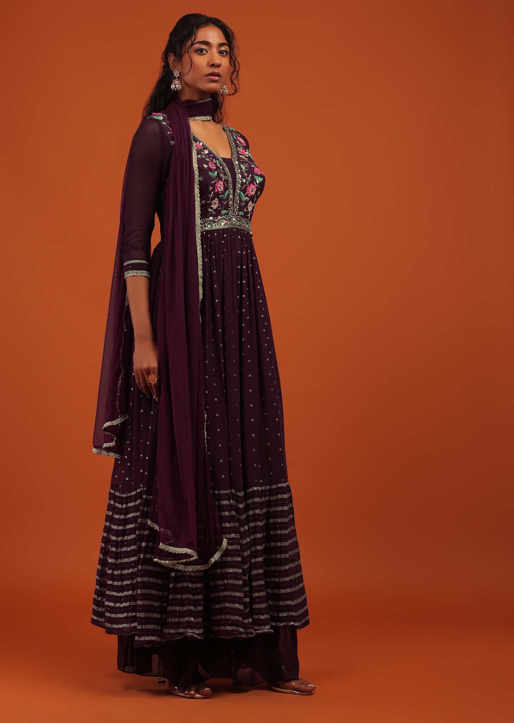 Wine Palazzo Suit Set In Georgette With Multi Color Embroidery