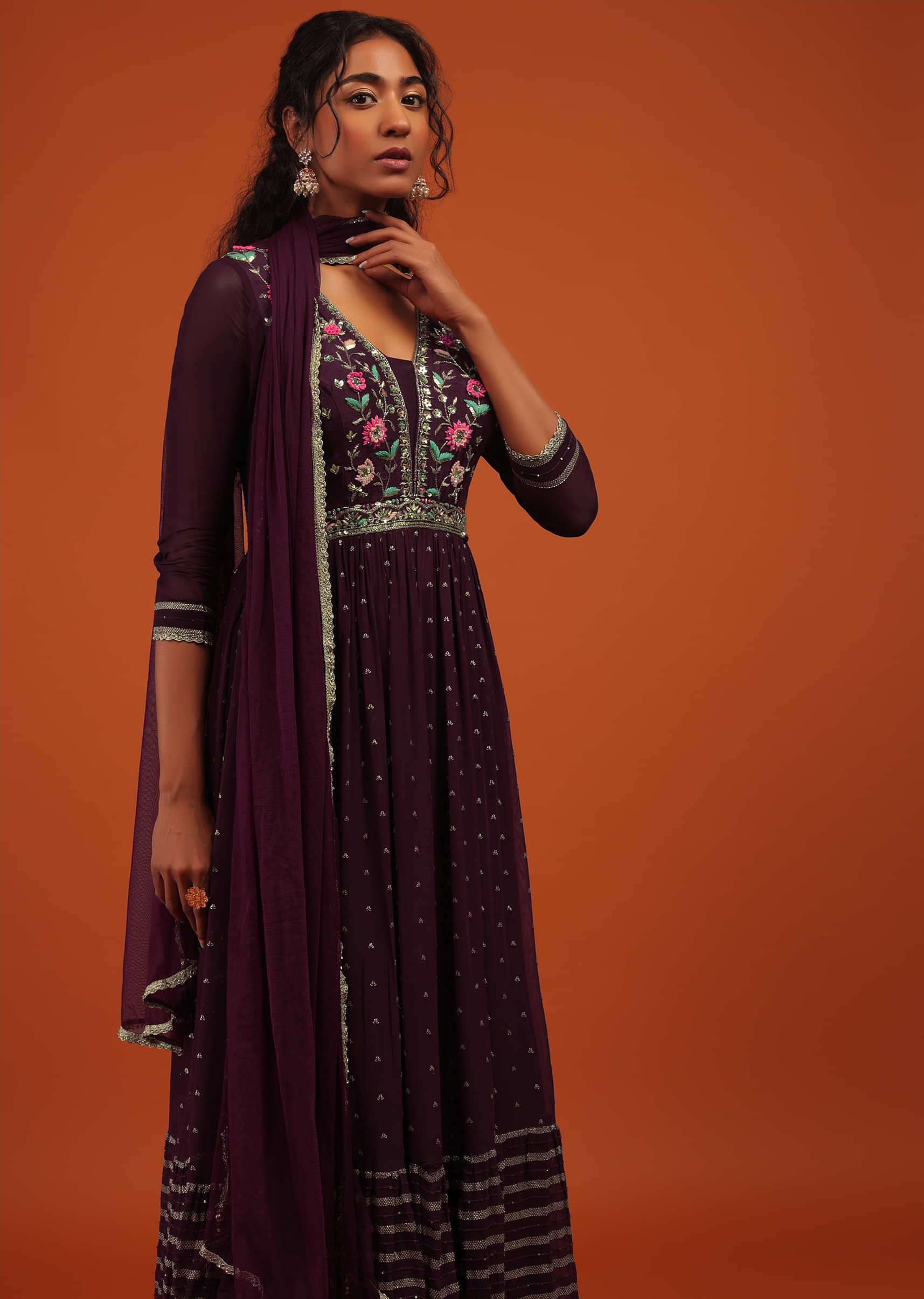 Wine Palazzo Suit Set In Georgette With Multi Color Embroidery