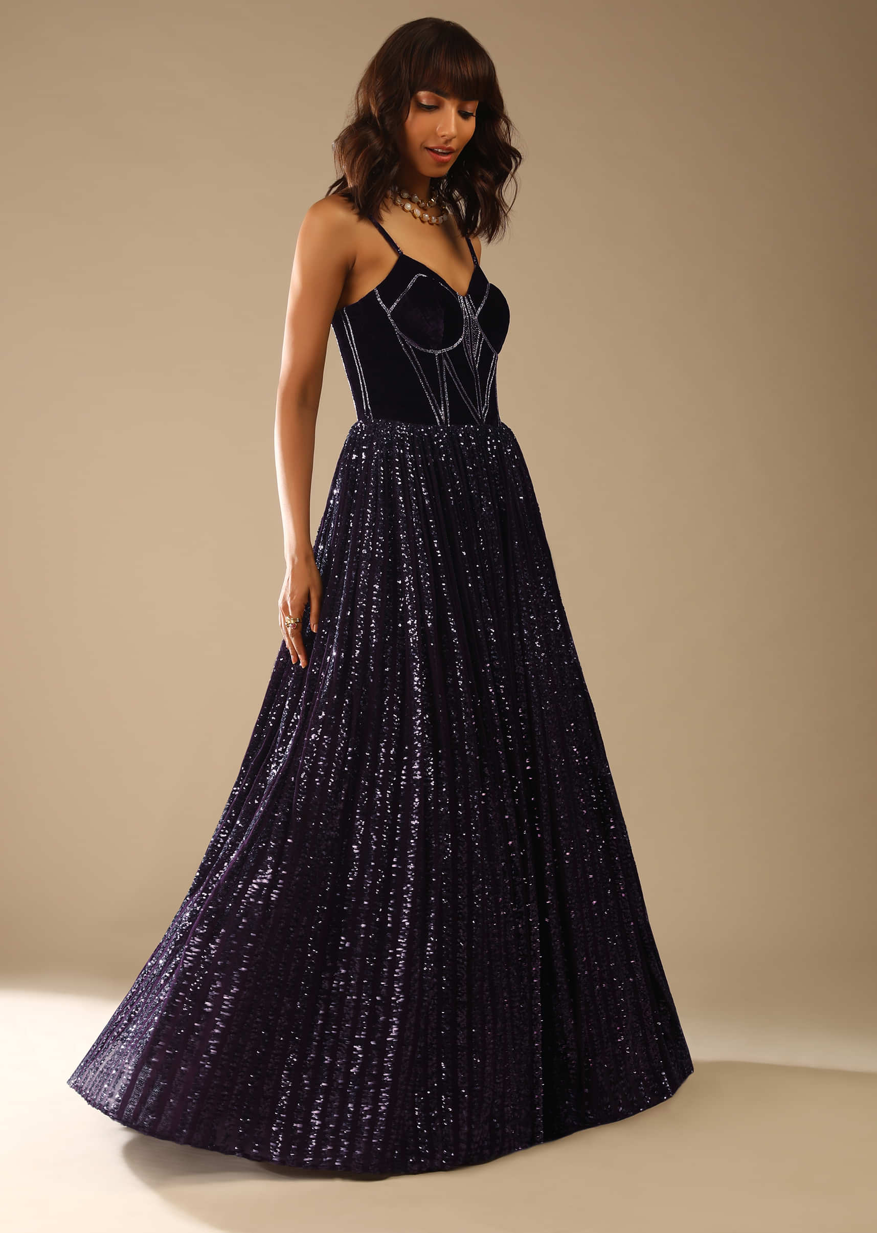 Wine Purple Corset Gown Embellished In Sequins With A Velvet Bodice Featuring Edgy Cut Dana Work
