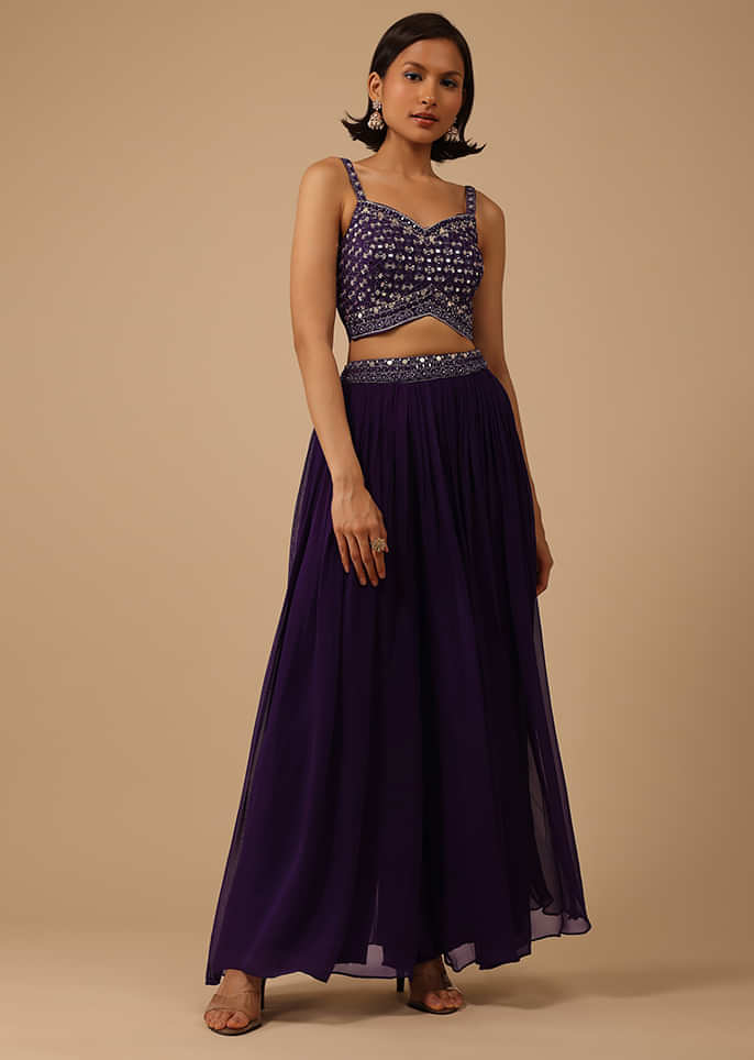 Wine Purple Palazzo Suit In Georgette With Mirror And Sequins Embroidery