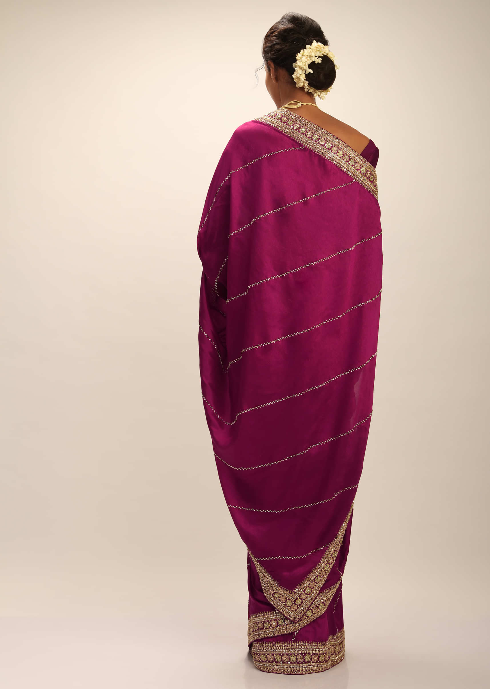 Wine Purple Saree In Dupion Silk With Cut Dana And Moti Embroidered Stripes And Floral Border  